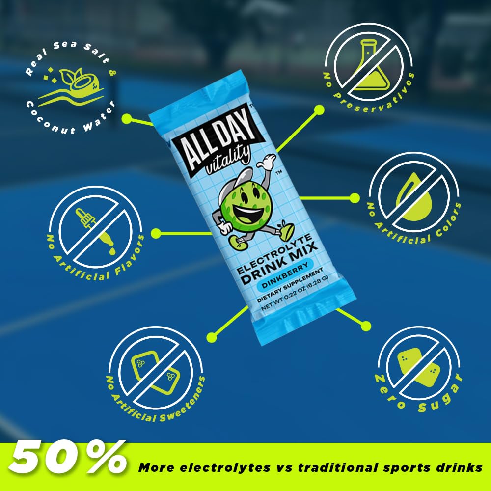 ALL DAY Vitality pickleball electrolyte sticks citrus flavor close-up reveals vibrant color and refreshing aroma.