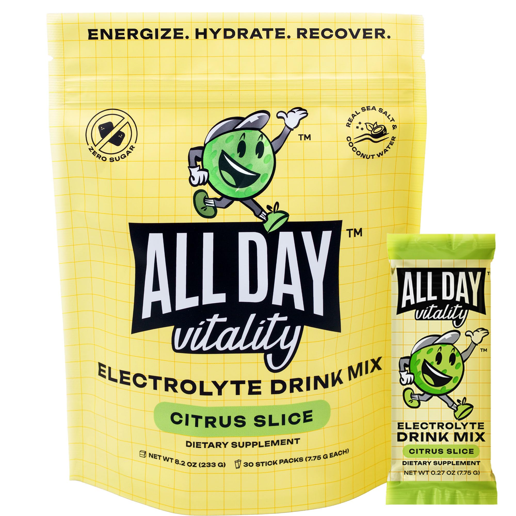ALL DAY Vitality pickleball electrolyte packets front label supports on-court hydration and endurance