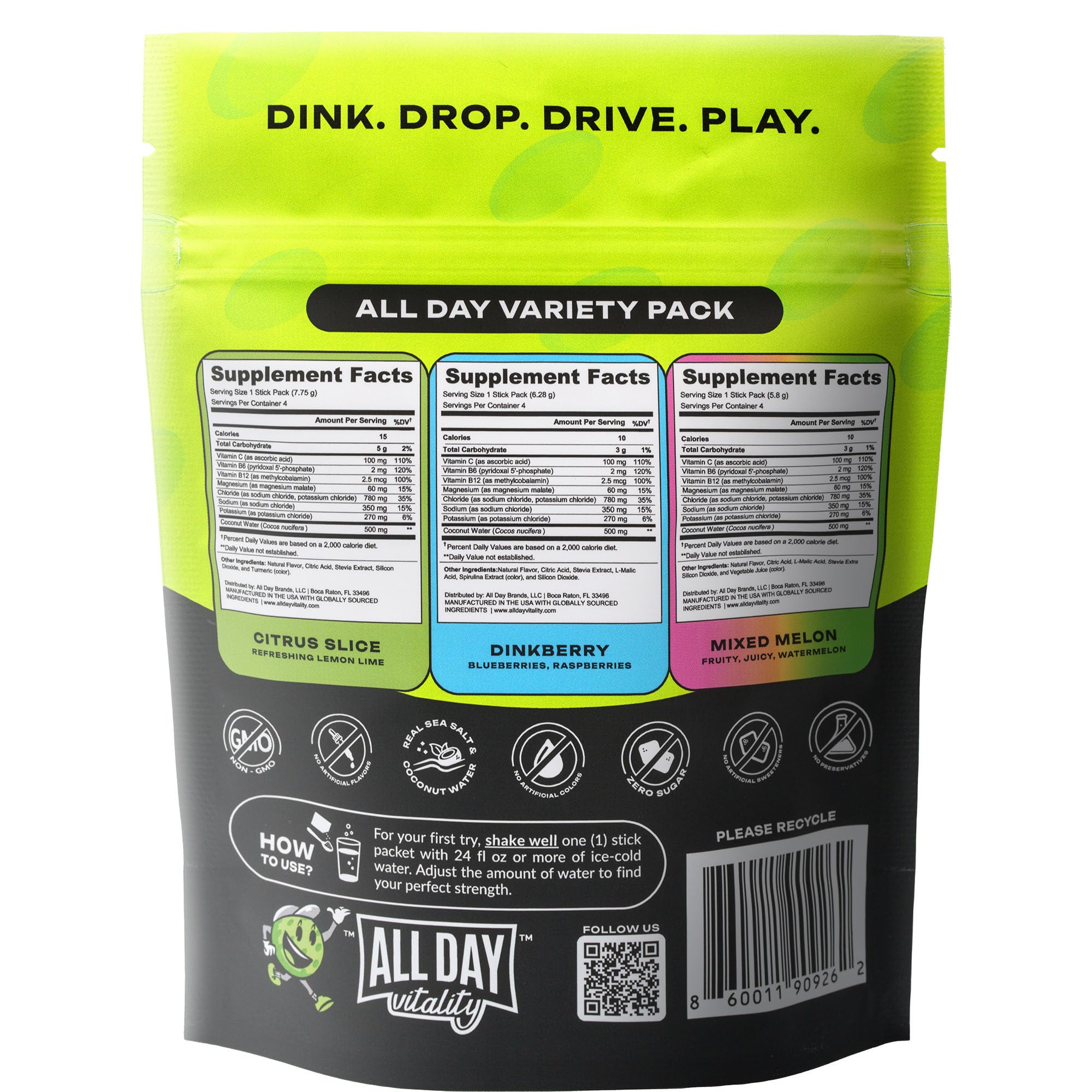 ALL DAY Vitality pickleball electrolyte sticks close-up in glass shows steady energy without crashes.