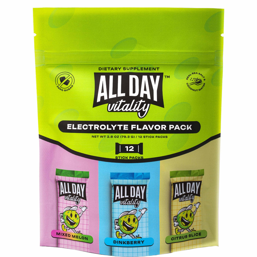 ALL DAY Vitality pickleball electrolyte variety-pack bottle boosts on-court hydration with zero sugar.