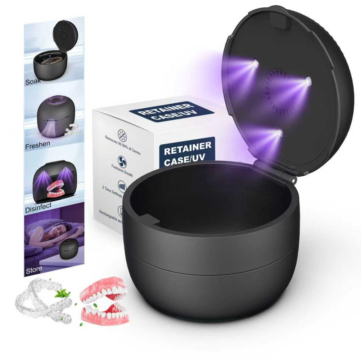 All-in-One Denture and Retainer Case with soaking, light, and storage features