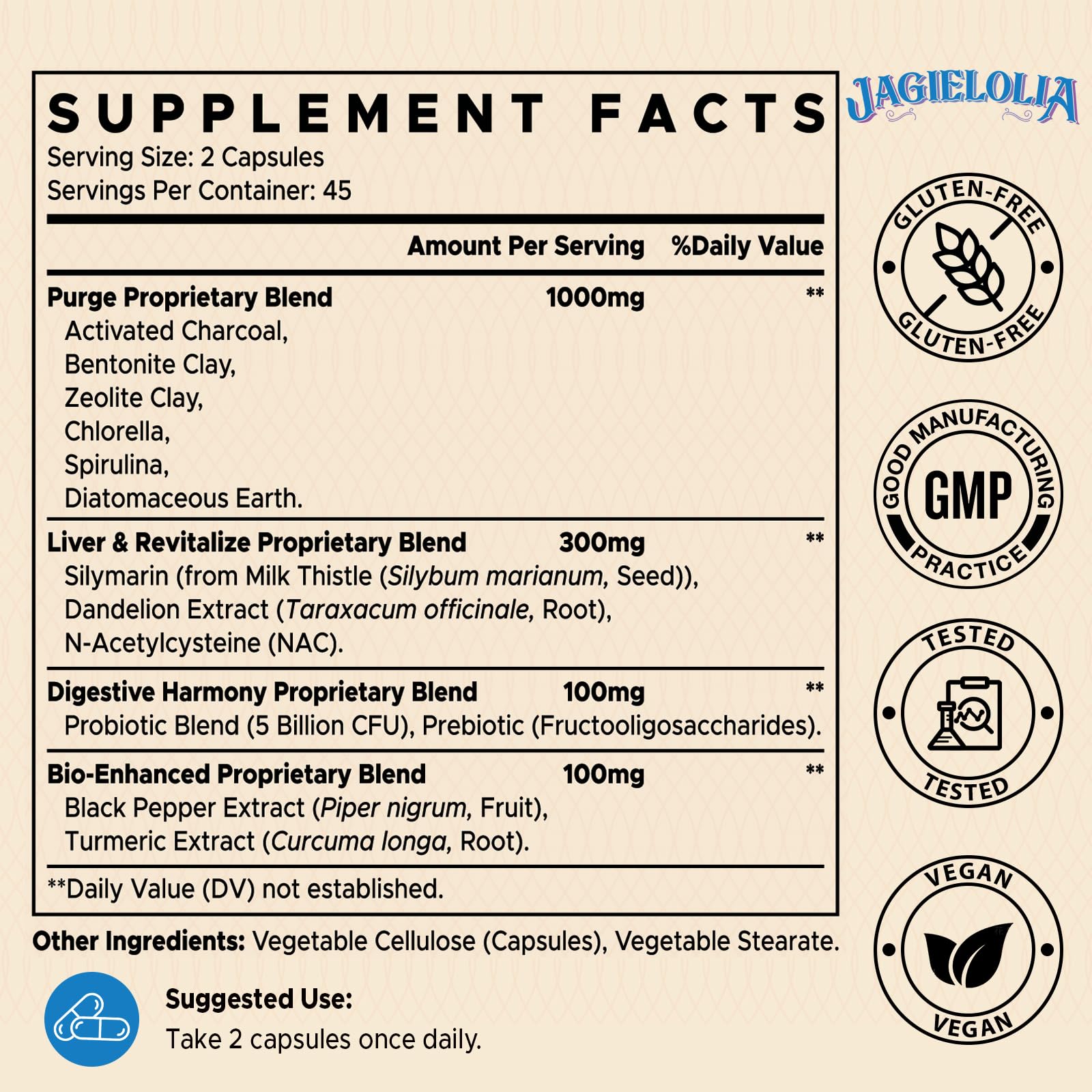 Close-up of detox binder bottle label highlighting 1500mg blend