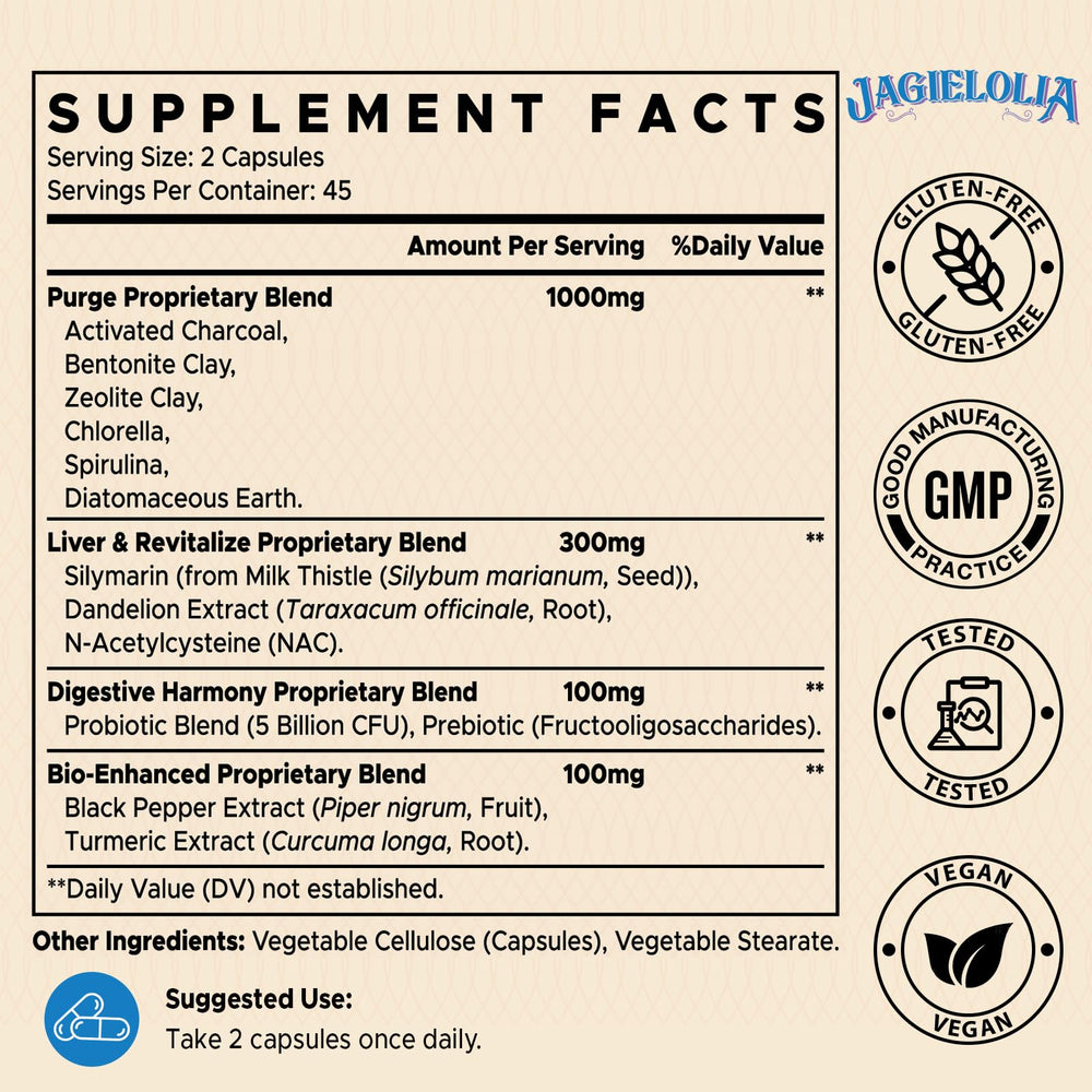 Close-up of detox binder bottle label highlighting 1500mg blend