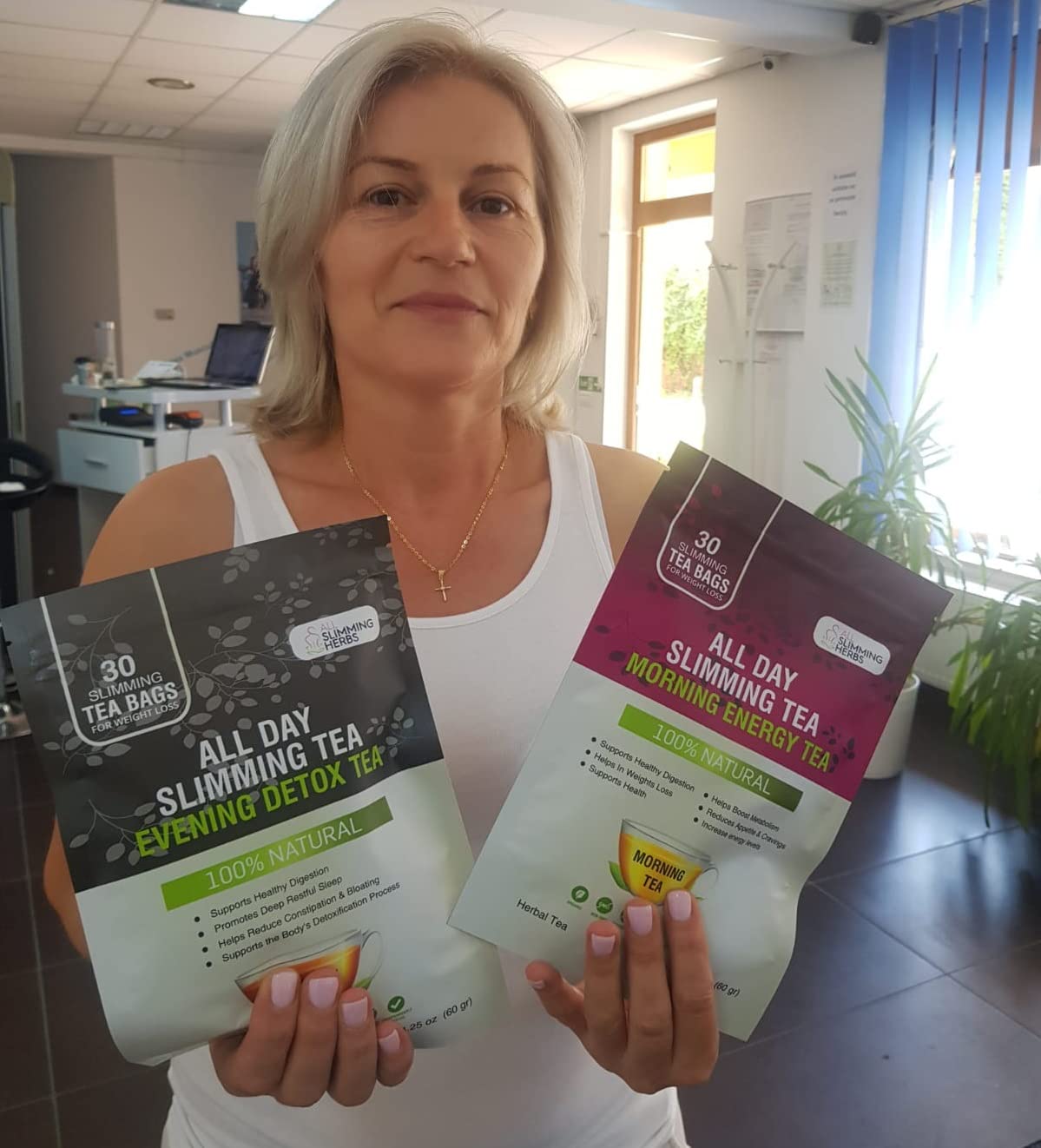 ALL SLIMMING HERBS lifestyle shot promoting daily wellness with tea ritual