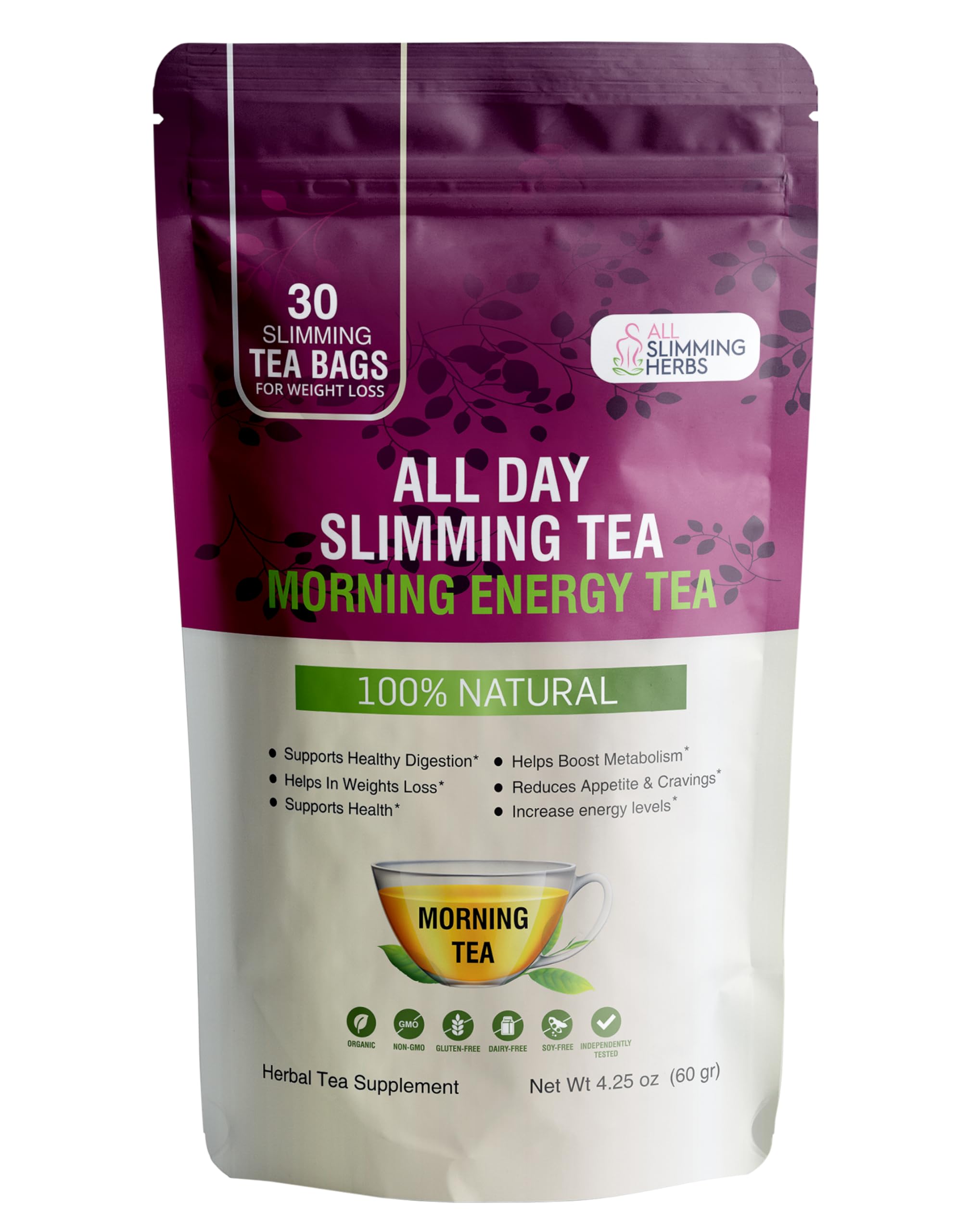 All Slimming Herbs daytime tea packaging highlights vegan non-GMO ingredients for clean sipping.