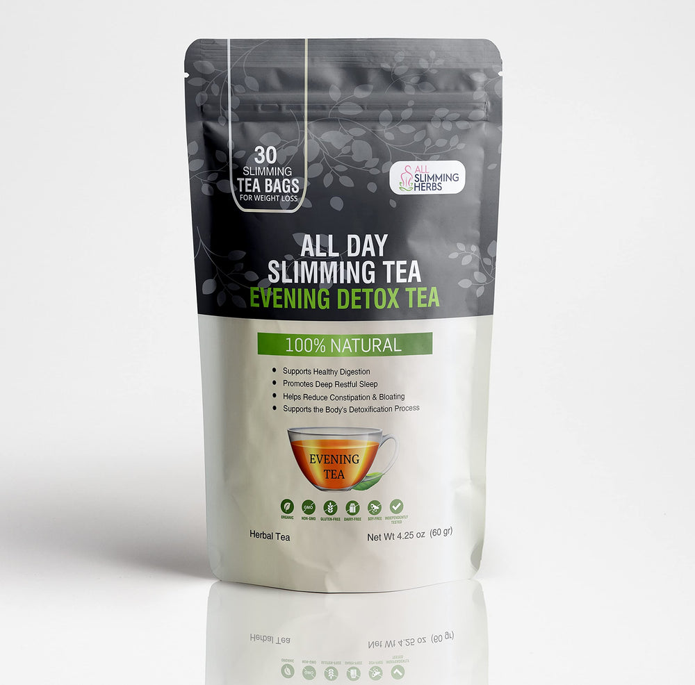 ALL SLIMMING HERBS evening tea packaging close-up emphasizing gentle cleansing blend