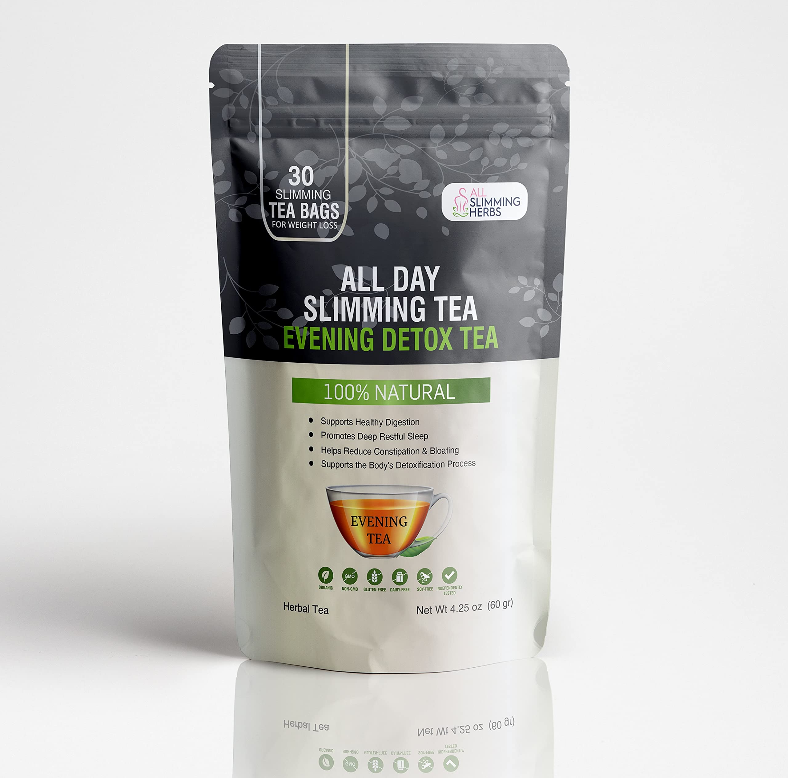 ALL SLIMMING HERBS evening tea packaging close-up emphasizing gentle cleansing blend