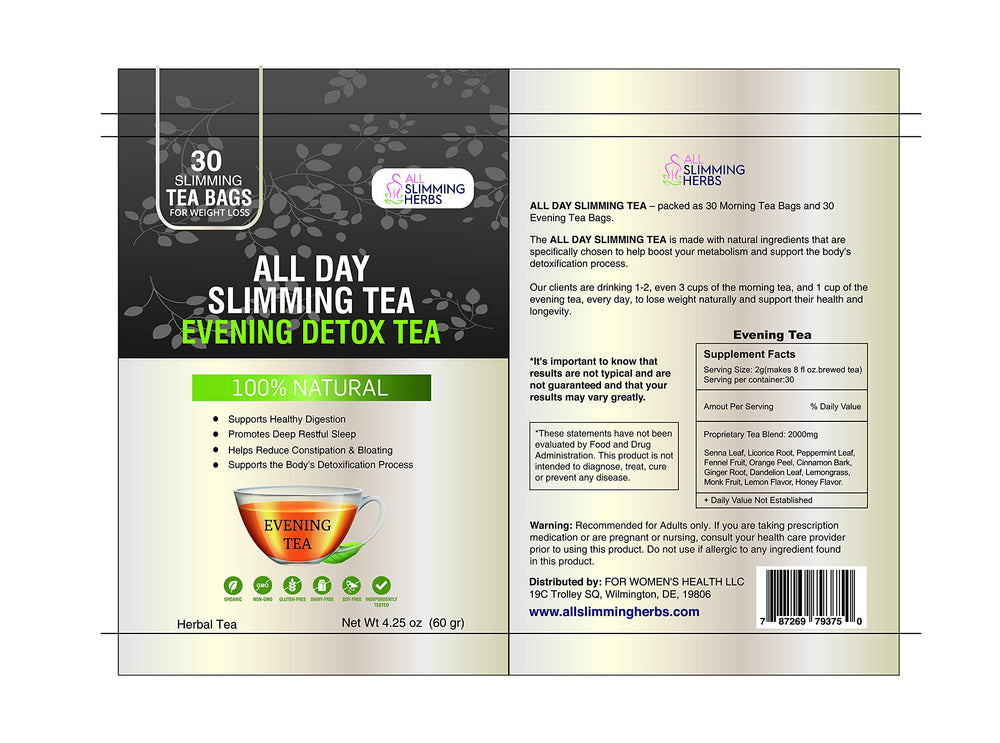 ALL SLIMMING HERBS morning tea packaging close-up highlighting metabolism-boosting ingredients