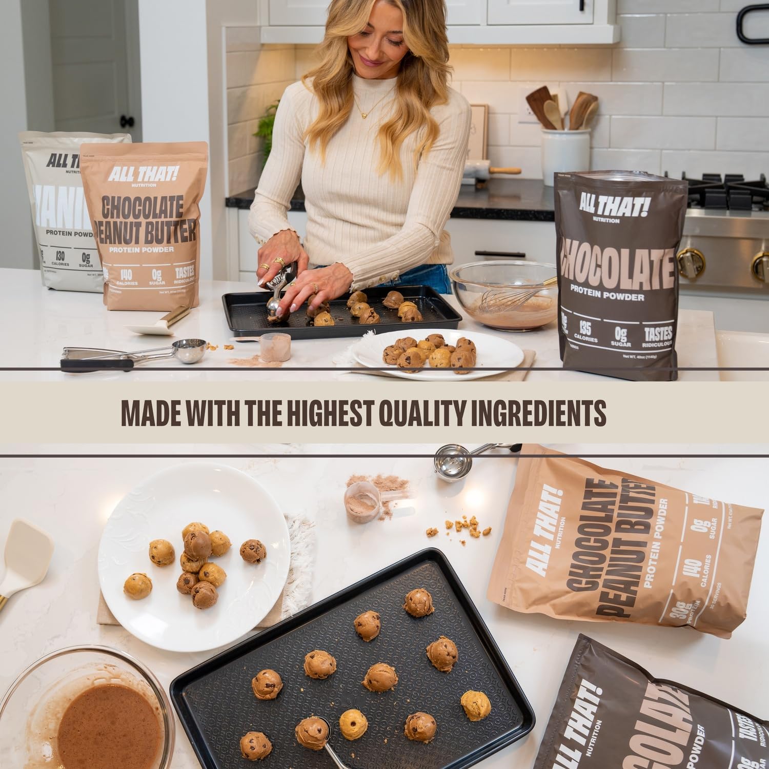 ALL THAT! NUTRITION chocolate peanut butter powder close-up reveals creamy powder and rich aroma