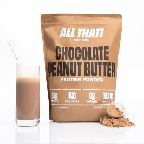 ALL THAT! NUTRITION Chocolate Peanut Butter Protein Powder canister front view for quick post-workout shakes