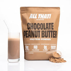 ALL THAT! NUTRITION Chocolate Peanut Butter Protein Powder canister front view for quick post-workout shakes