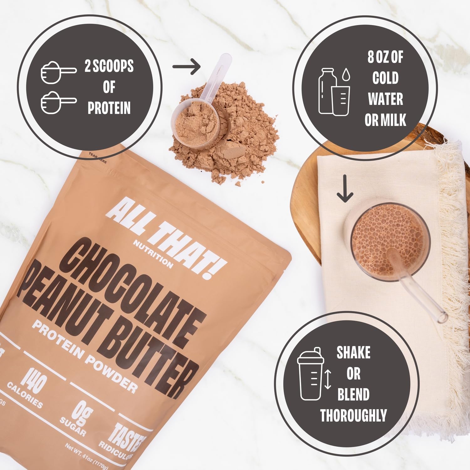 ALL THAT! NUTRITION protein powder bottle on shelf demonstrates 30 servings for daily use