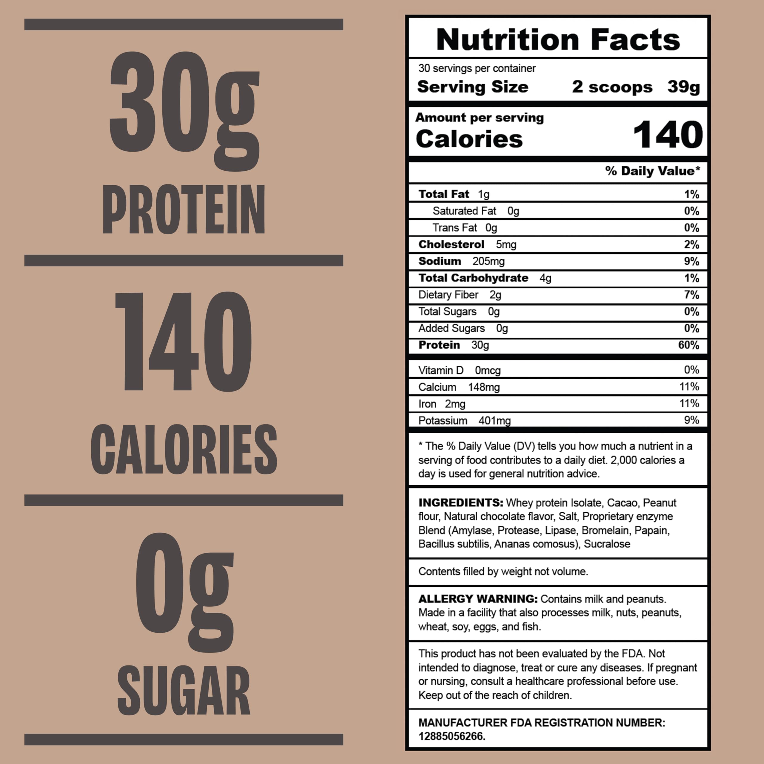 ALL THAT! NUTRITION Chocolate Peanut Butter Protein Powder nutrition facts panel highlights 140 calories and 0 sugar