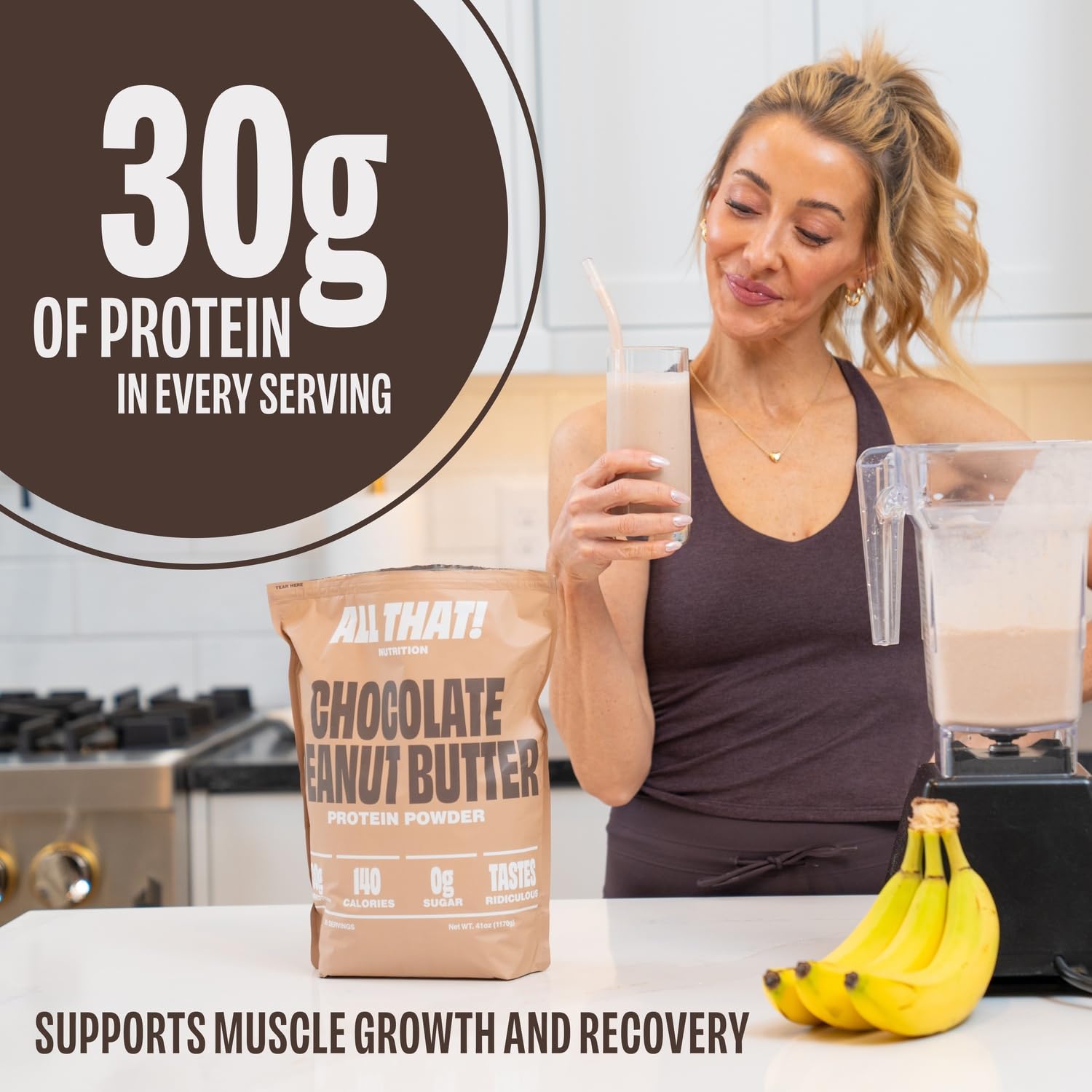 ALL THAT! NUTRITION protein powder scoop serving highlights 30G protein per serving for goals