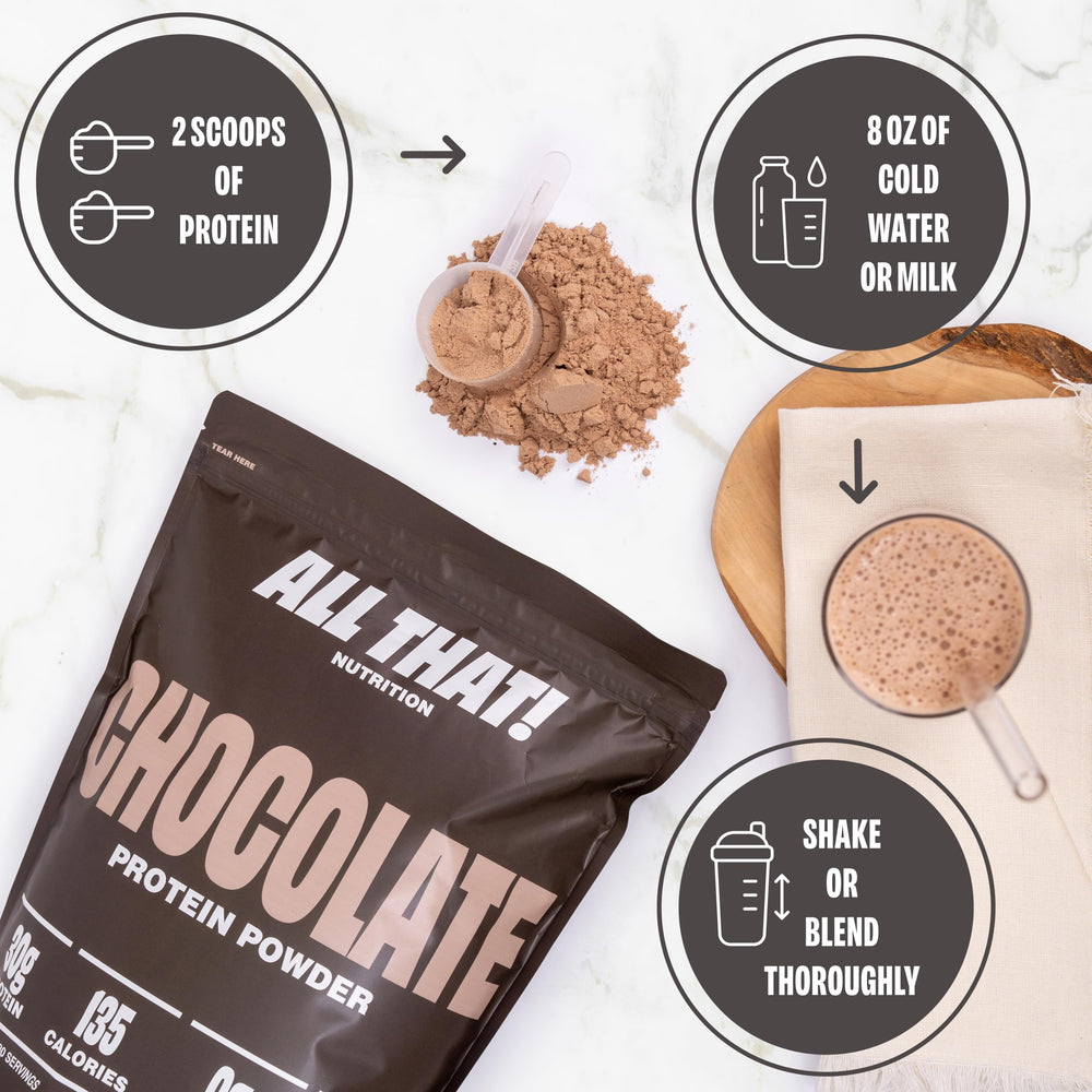 ALL THAT! NUTRITION chocolate protein powder glass filled with shake for ready-to-drink option