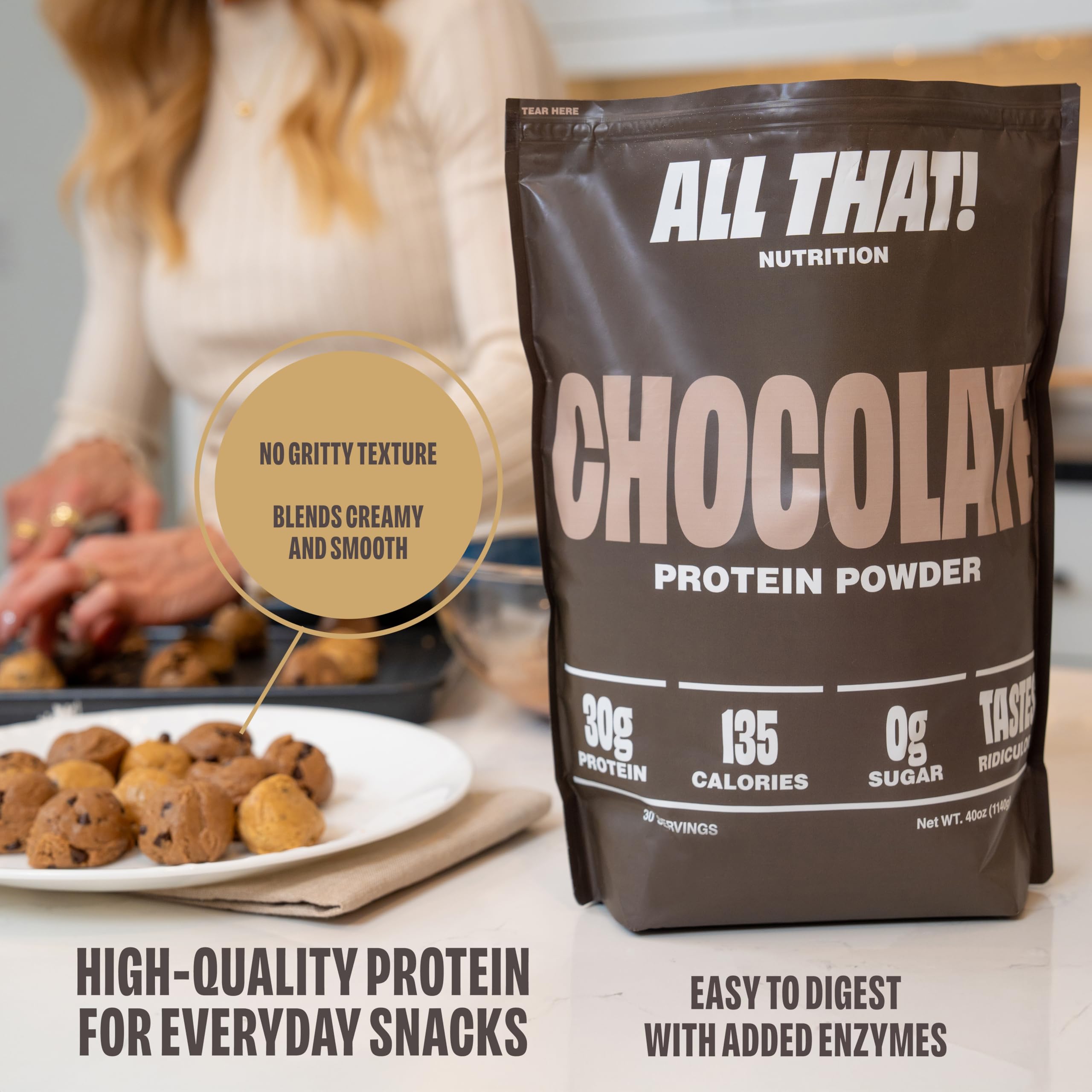 ALL THAT! NUTRITION chocolate protein powder label shows ingredients and free-from notes