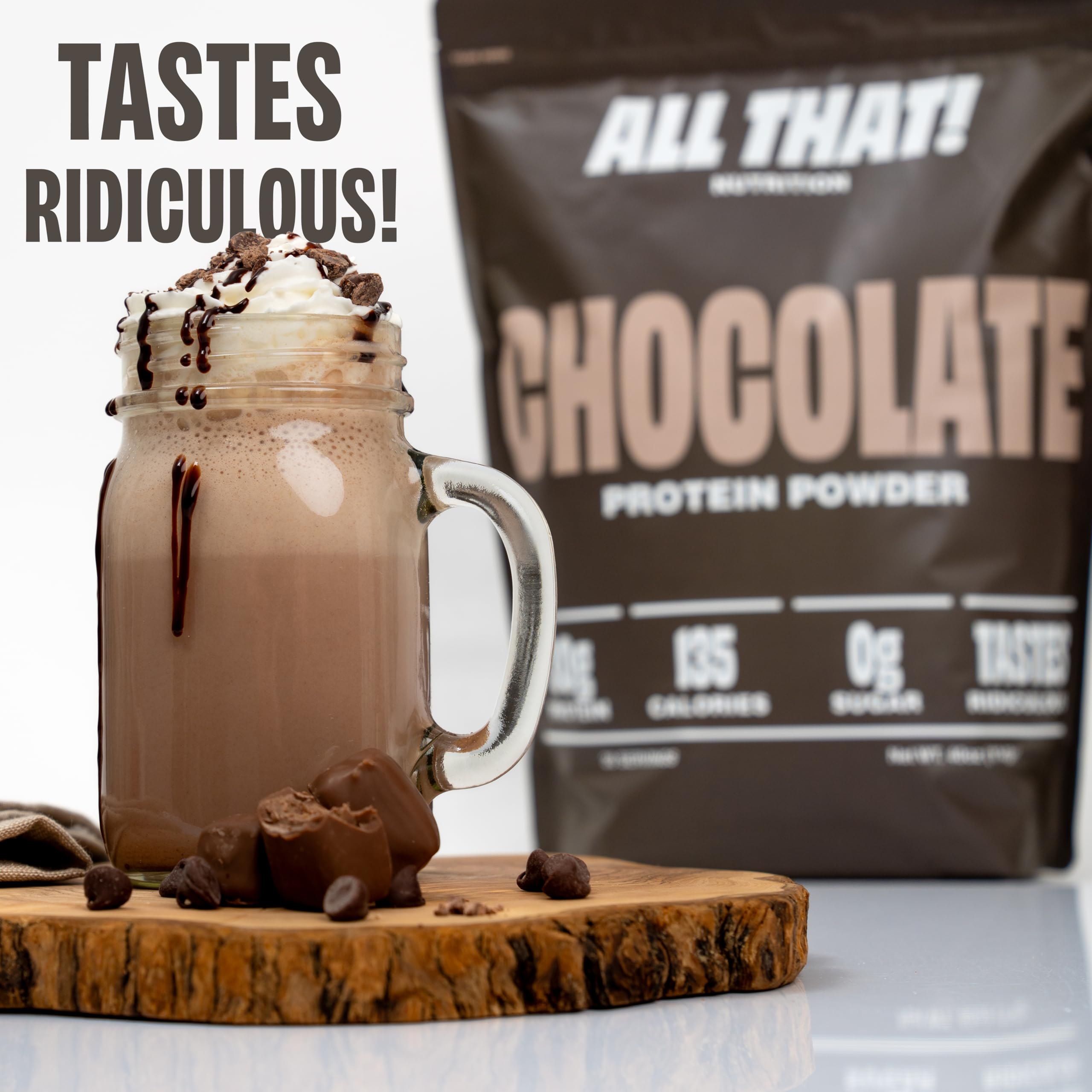 ALL THAT! NUTRITION chocolate protein powder mixer ready for blending
