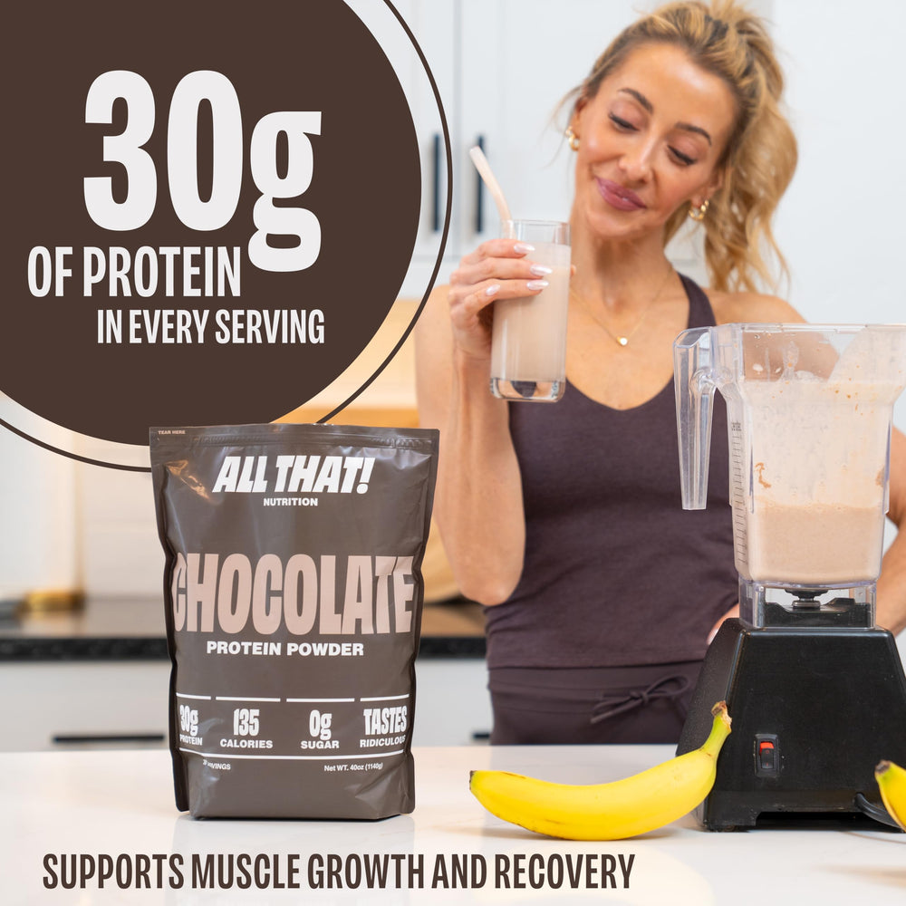 ALL THAT! NUTRITION chocolate protein powder serving scoop beside tub for quick protein shakes