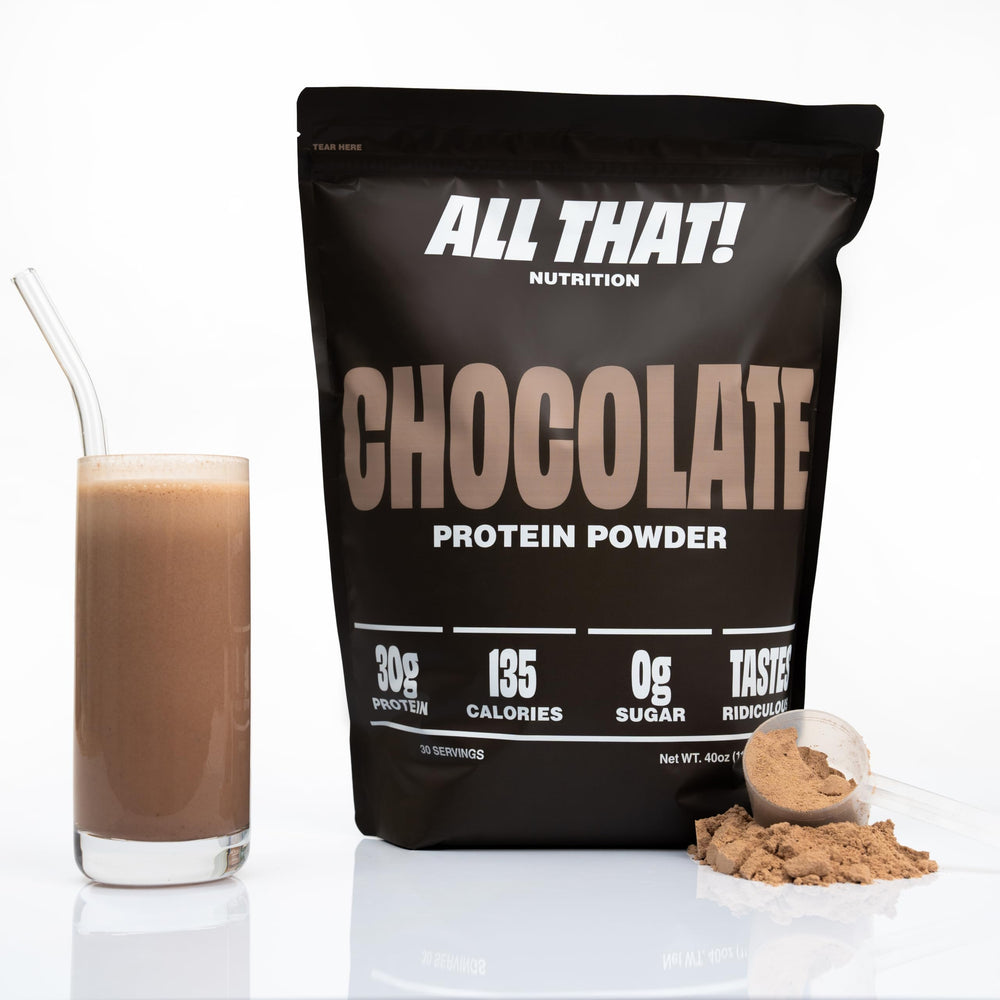 ALL THAT! NUTRITION chocolate protein powder tub for easy daily fueling
