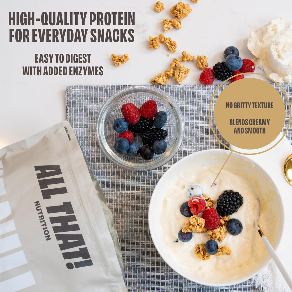 ALL THAT! NUTRITION nutrition label highlights 130 calories and 0 sugar per serving.