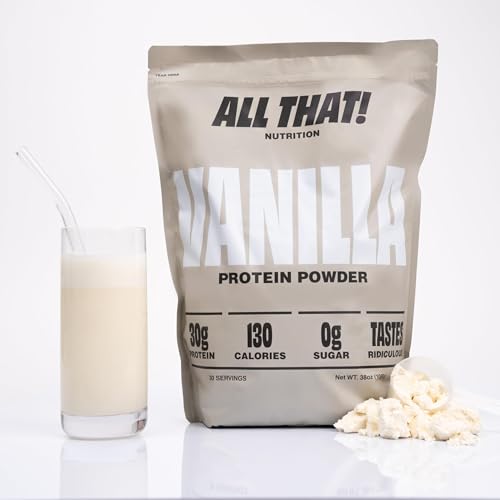 ALL THAT! NUTRITION vanilla protein powder bottle ready for a quick post-workout shake.