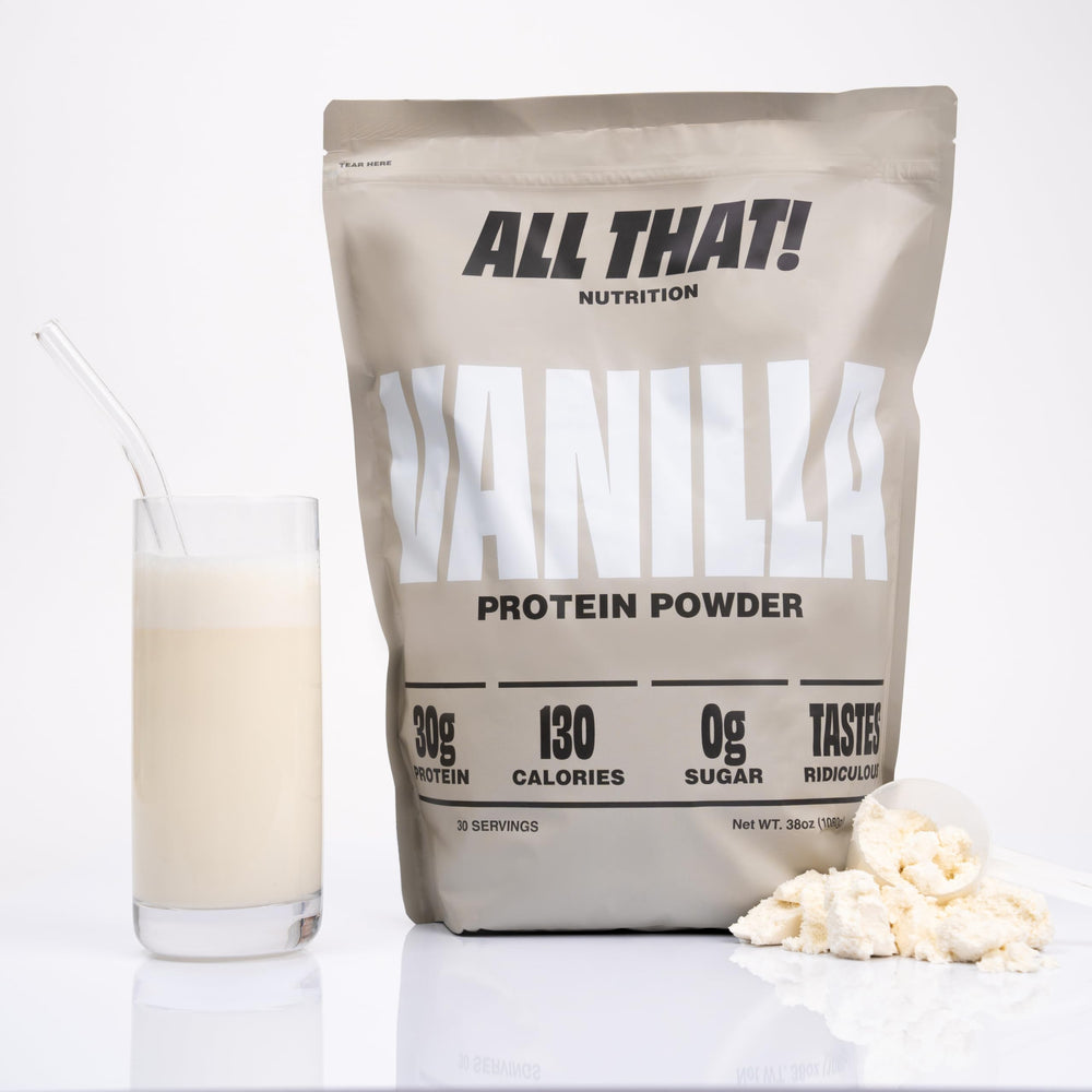 ALL THAT! NUTRITION vanilla protein powder bottle ready for a quick post-workout shake.
