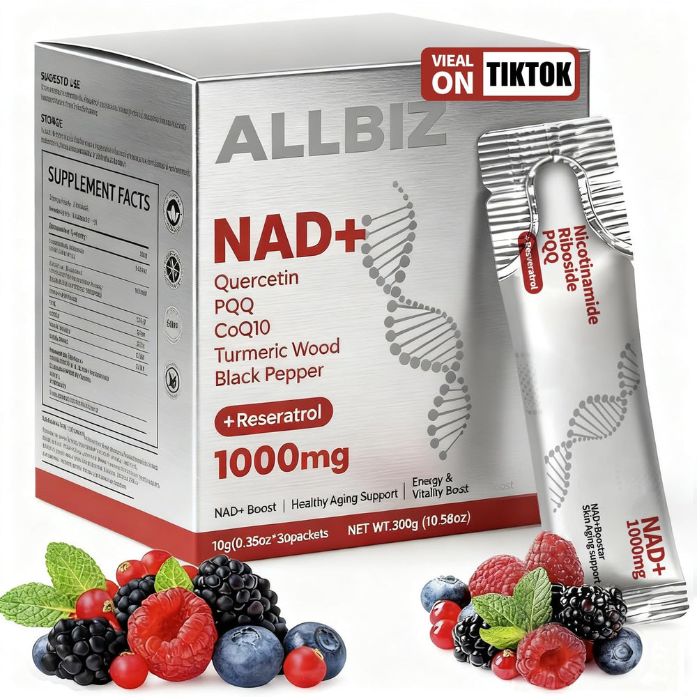 ALLBIZ NAD+ Liquid Supplement bottle and 30 packets displayed on a clean backdrop