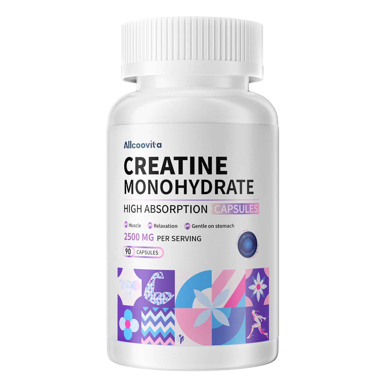 Allcoovita Creatine Monohydrate Capsules bottle — 90 capsules, 2500mg per serving