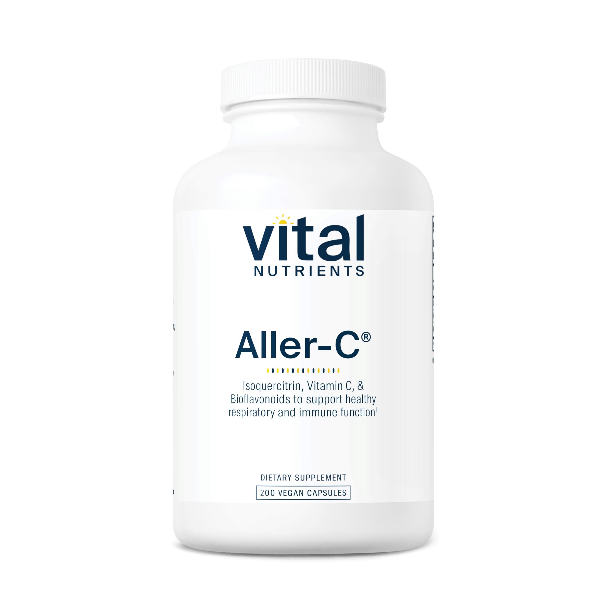 Aller-C bottle label highlighting vegan, gluten-free, dairy-free, and soy-free formula