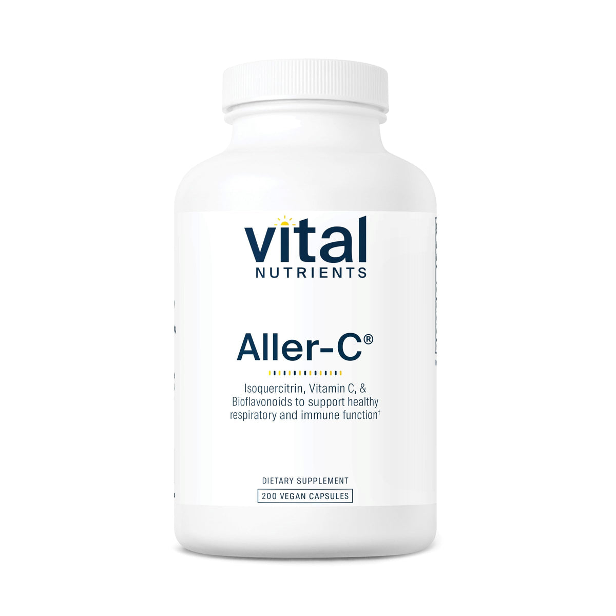 Aller-C bottle label highlighting vegan, gluten-free, dairy-free, and soy-free formula