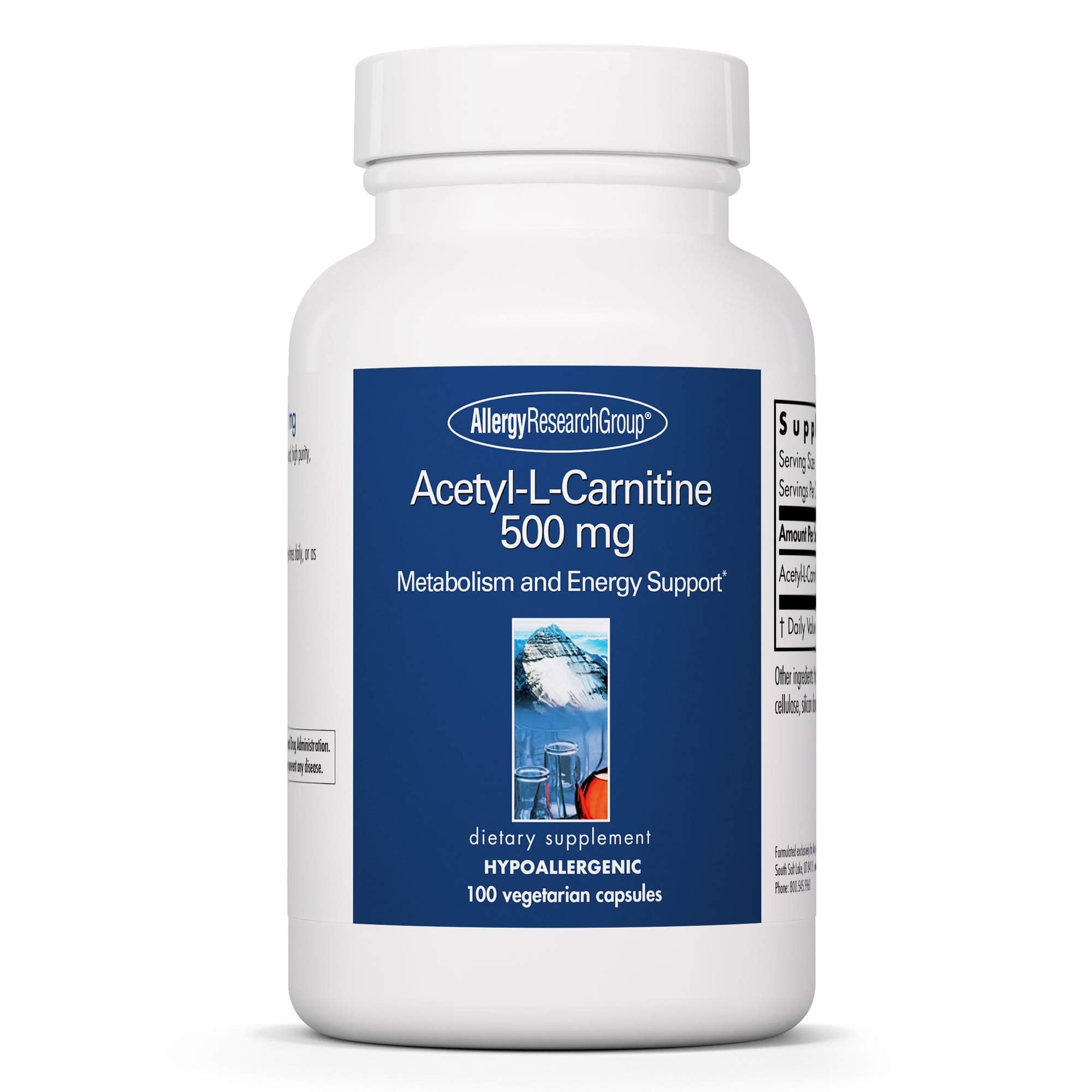 Bottle of Allergy Research Group Acetyl-L-Carnitine 500mg vegetarian capsules