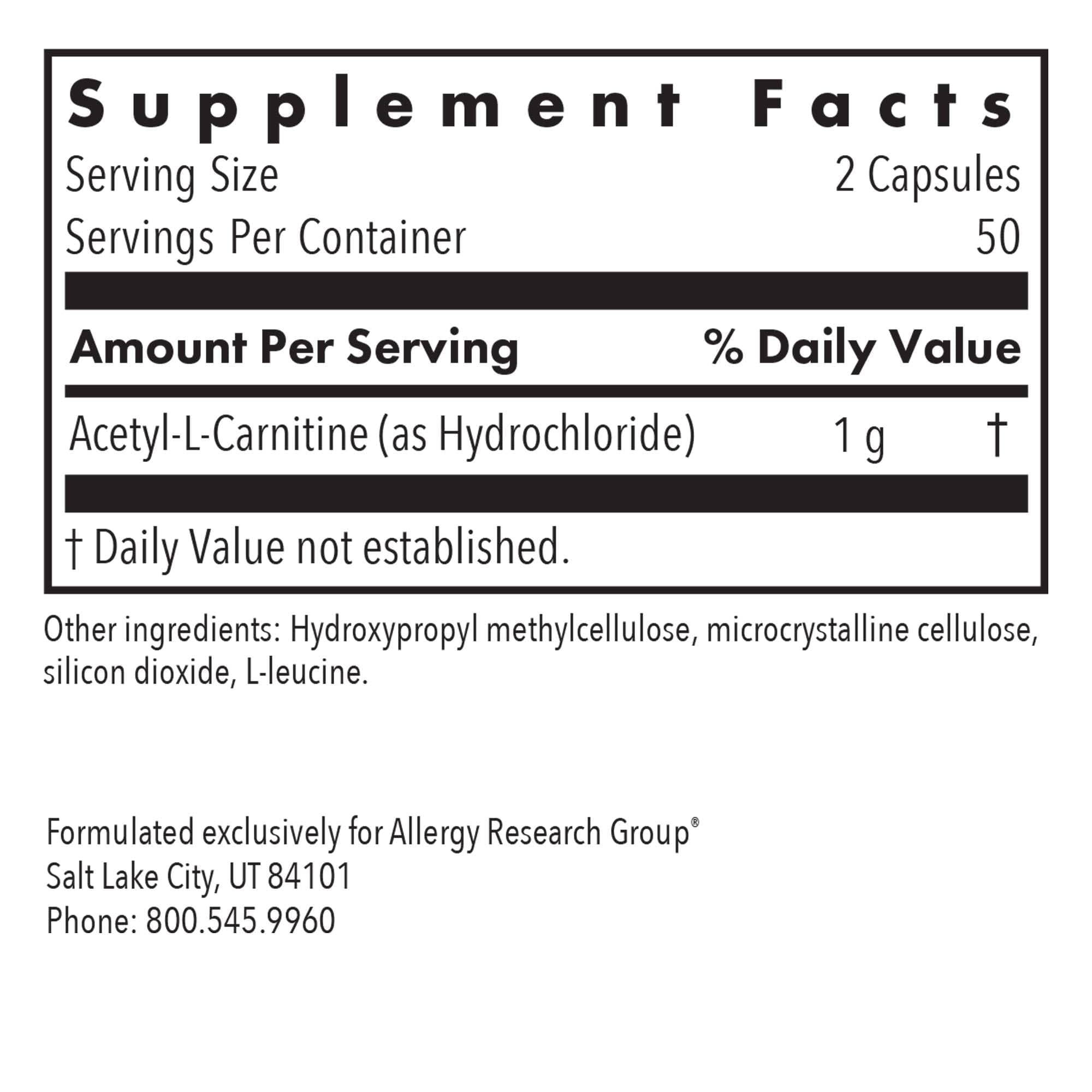 Acetyl-L-Carnitine 500mg capsules labeled ARG vegetarian formula