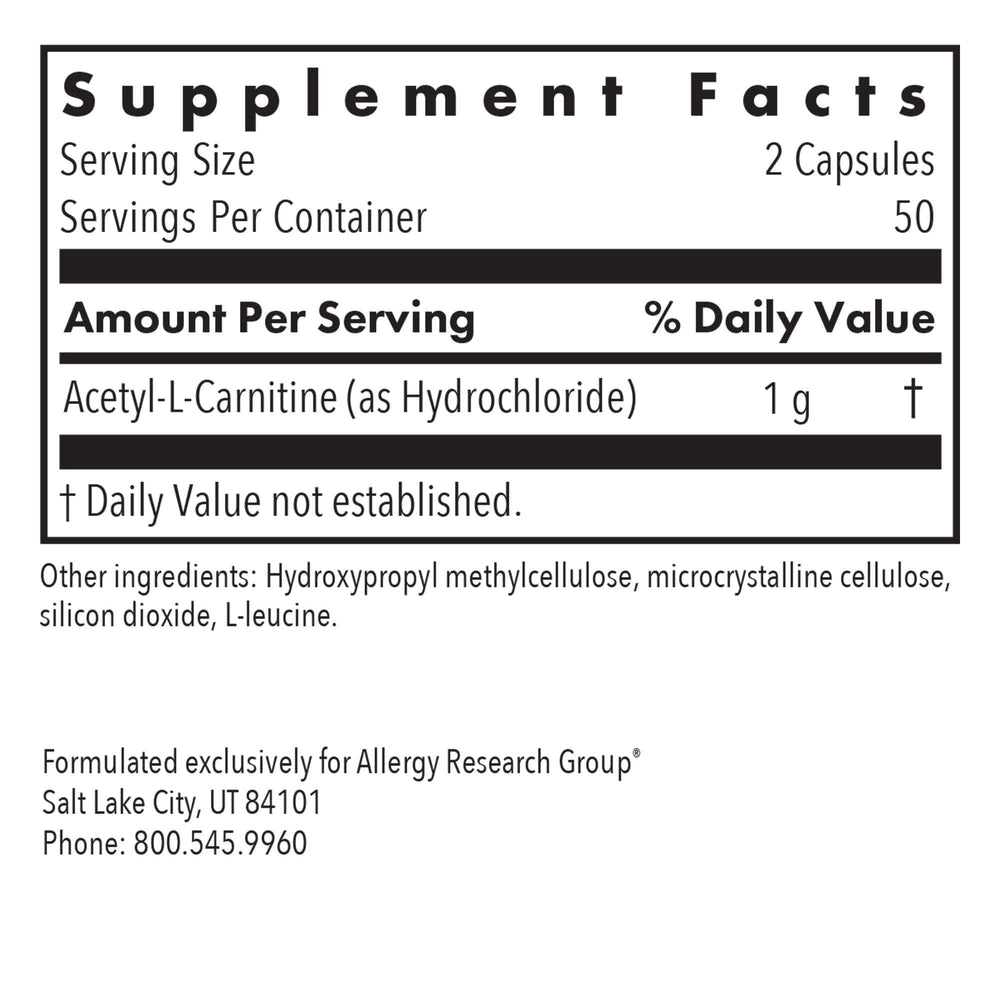 Acetyl-L-Carnitine 500mg capsules labeled ARG vegetarian formula