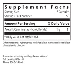 Acetyl-L-Carnitine 500mg capsules labeled ARG vegetarian formula