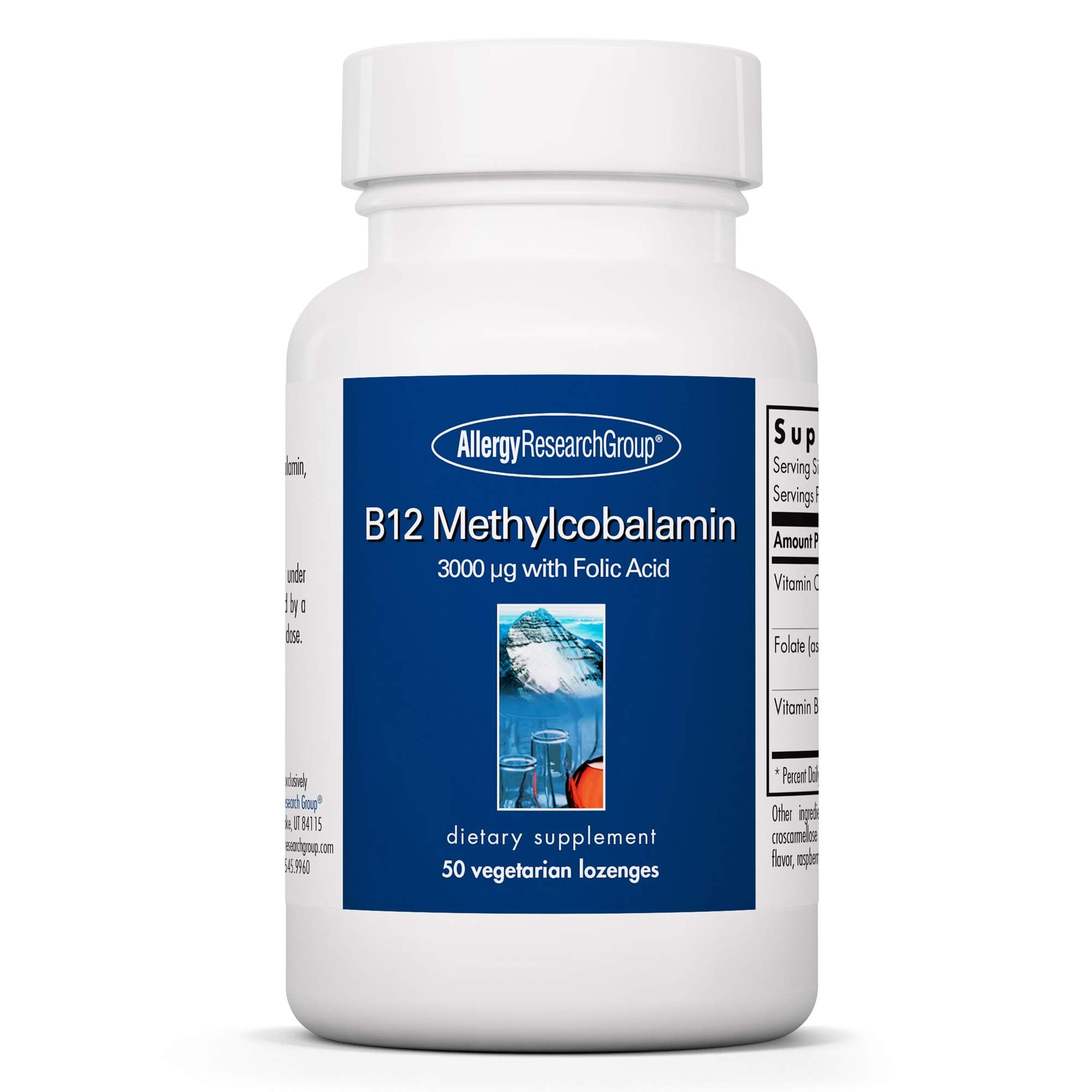 Bottle and packaging for Allergy Research Group B12 methylcobalamin lozenges, 50 count