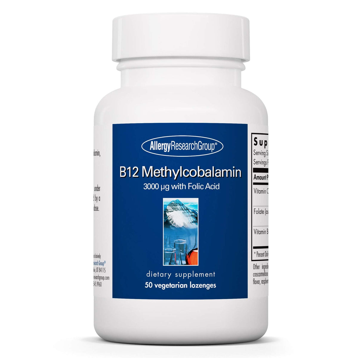 Bottle and packaging for Allergy Research Group B12 methylcobalamin lozenges, 50 count