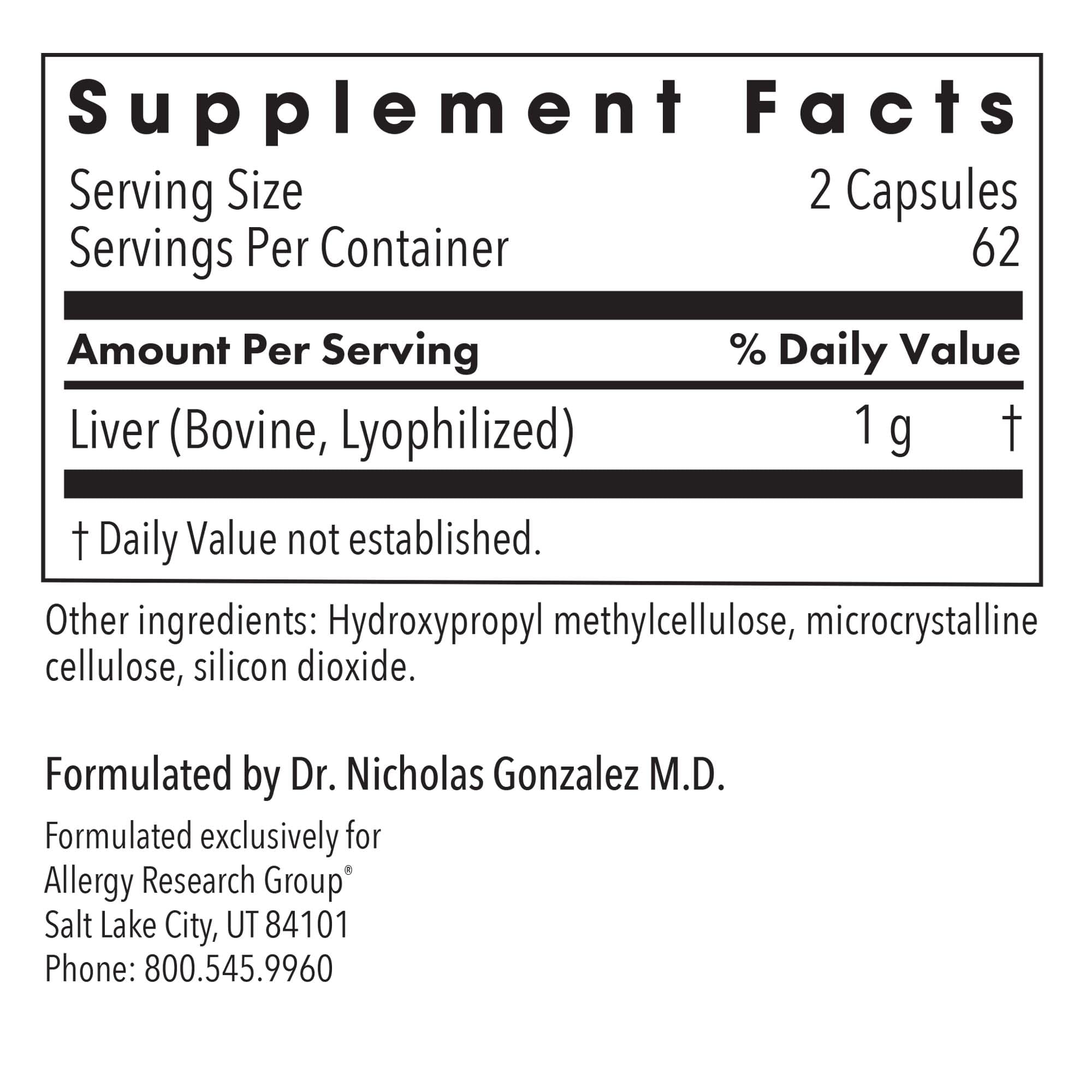Label of Allergy Research Group Beef Liver Supplement