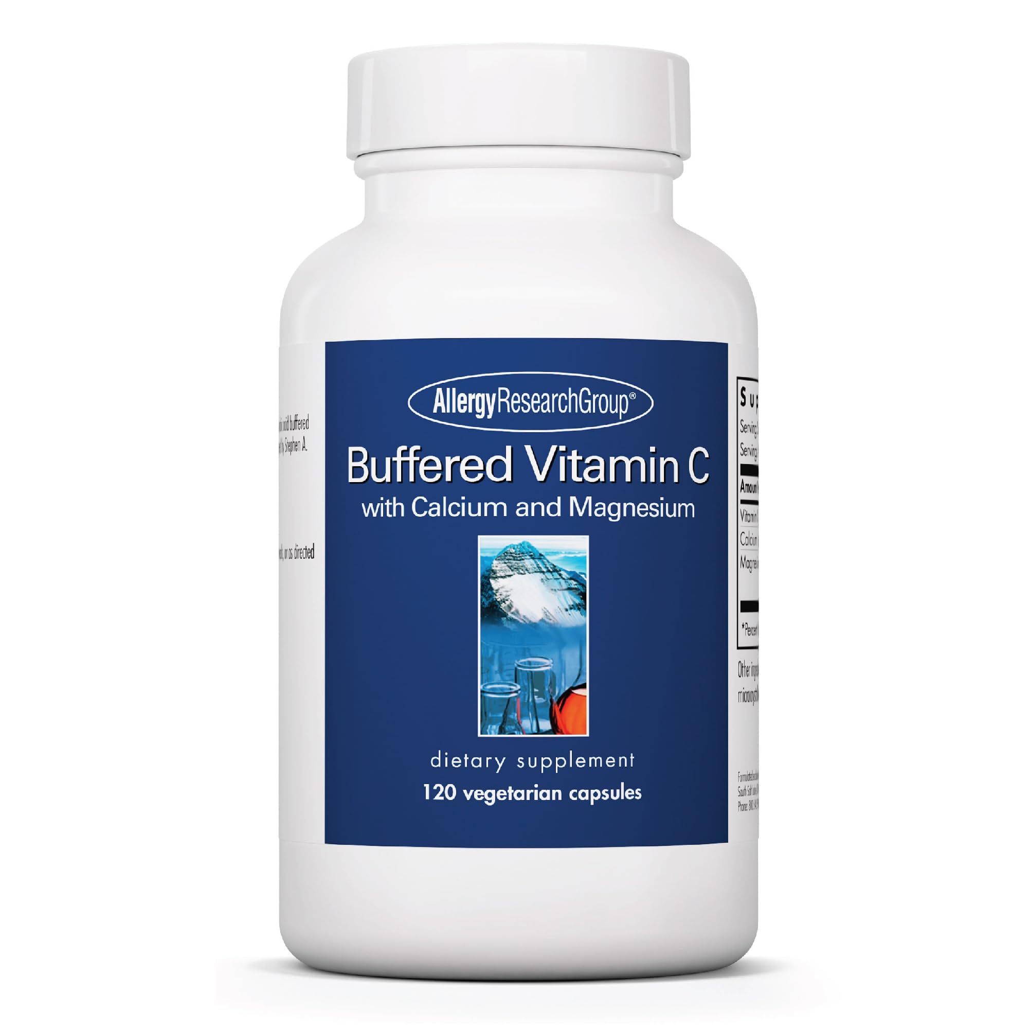 Front view of Allergy Research Group Buffered Vitamin C bottle with 120 capsules