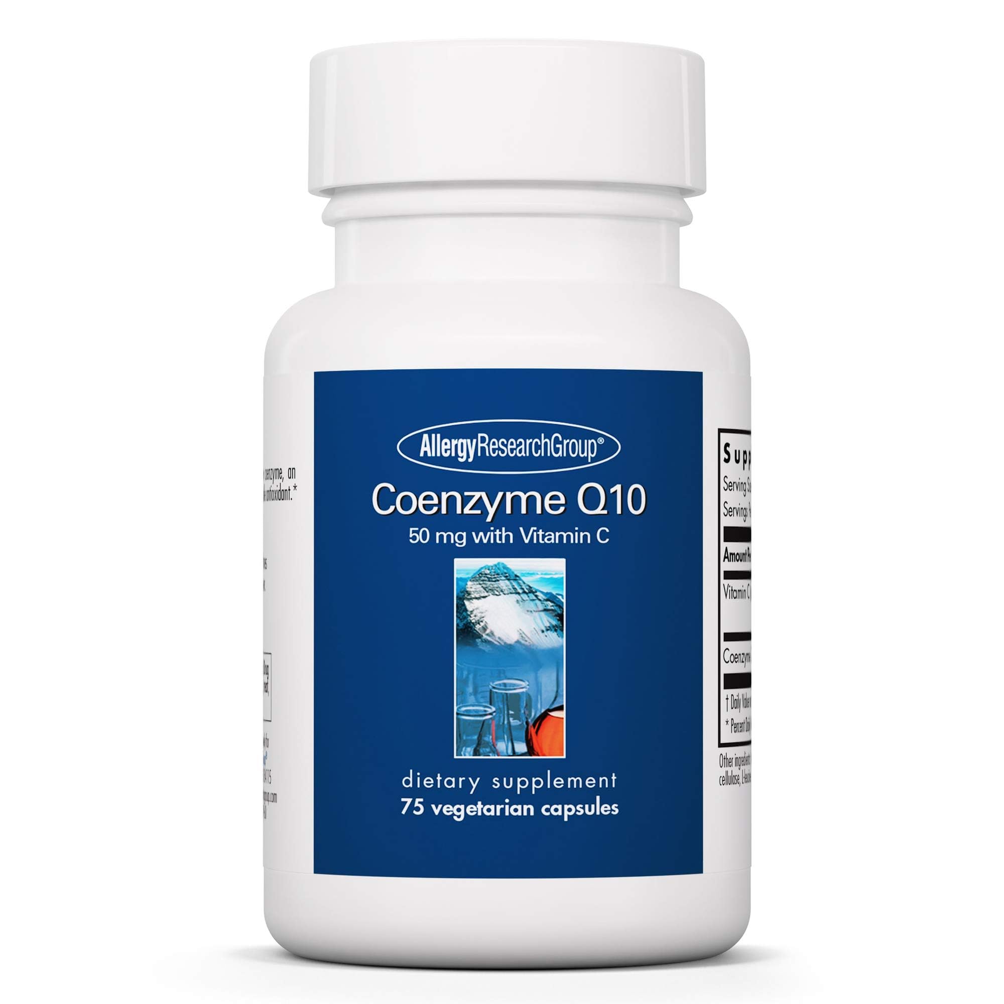 Front view of Allergy Research Group CoQ10 50 mg ubiquinol vegetarian capsules bottle