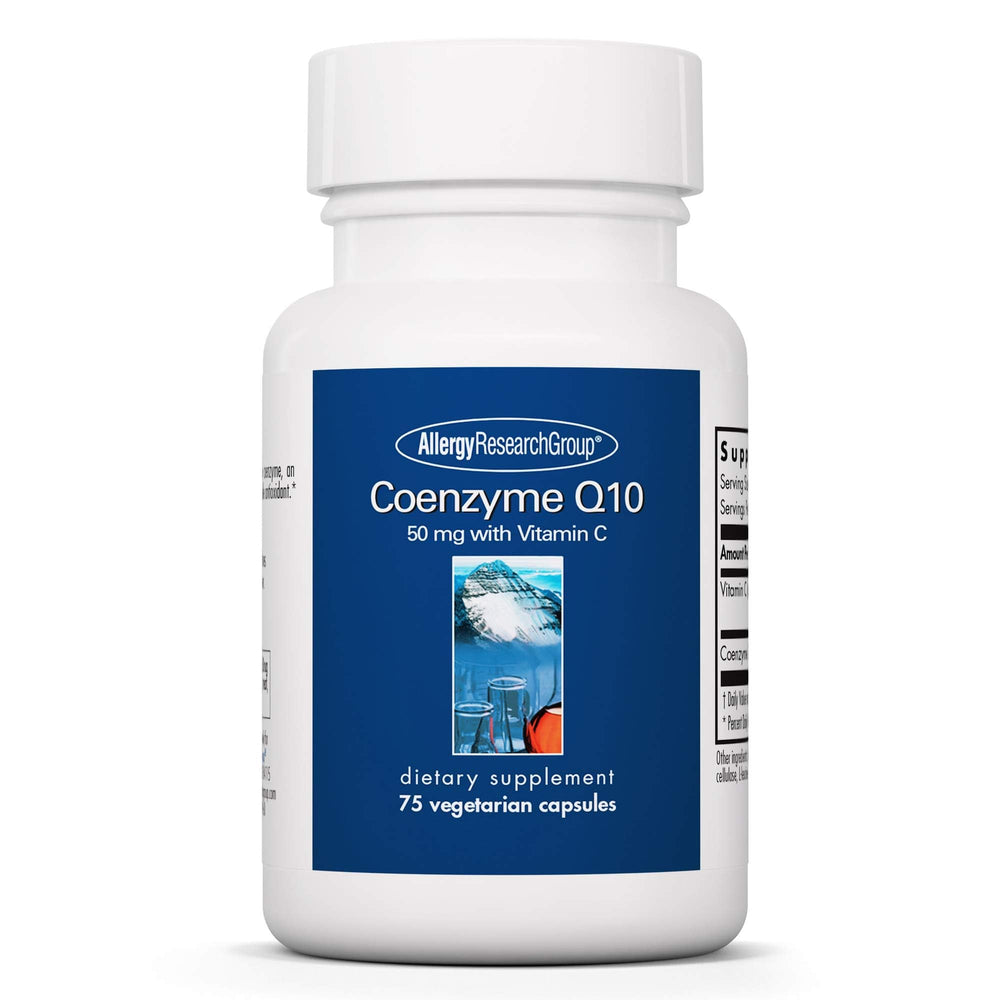 Front view of Allergy Research Group CoQ10 50 mg ubiquinol vegetarian capsules bottle