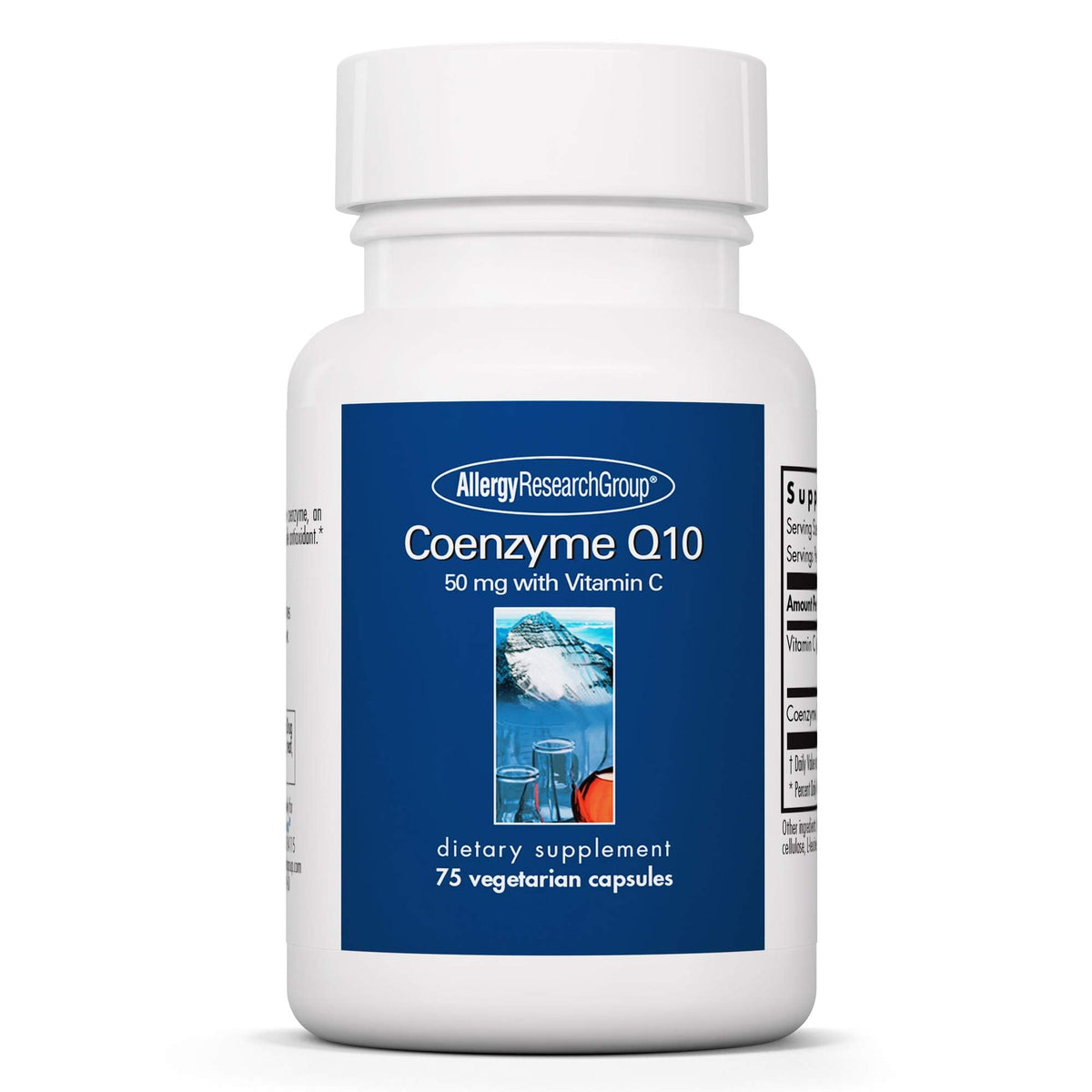Front view of Allergy Research Group CoQ10 50 mg ubiquinol vegetarian capsules bottle