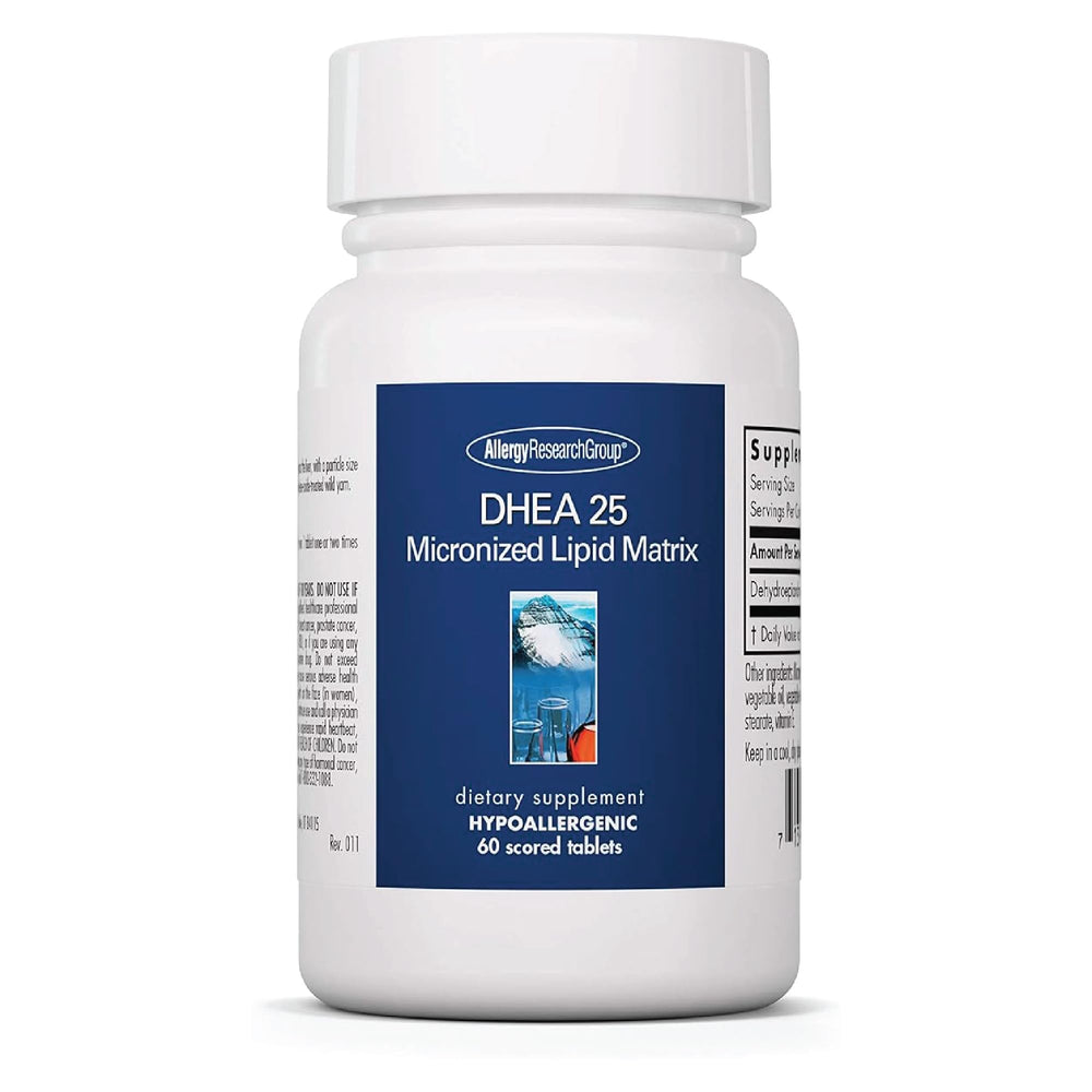 Bottle of Allergy Research Group DHEA 25mg supplement – 60 count