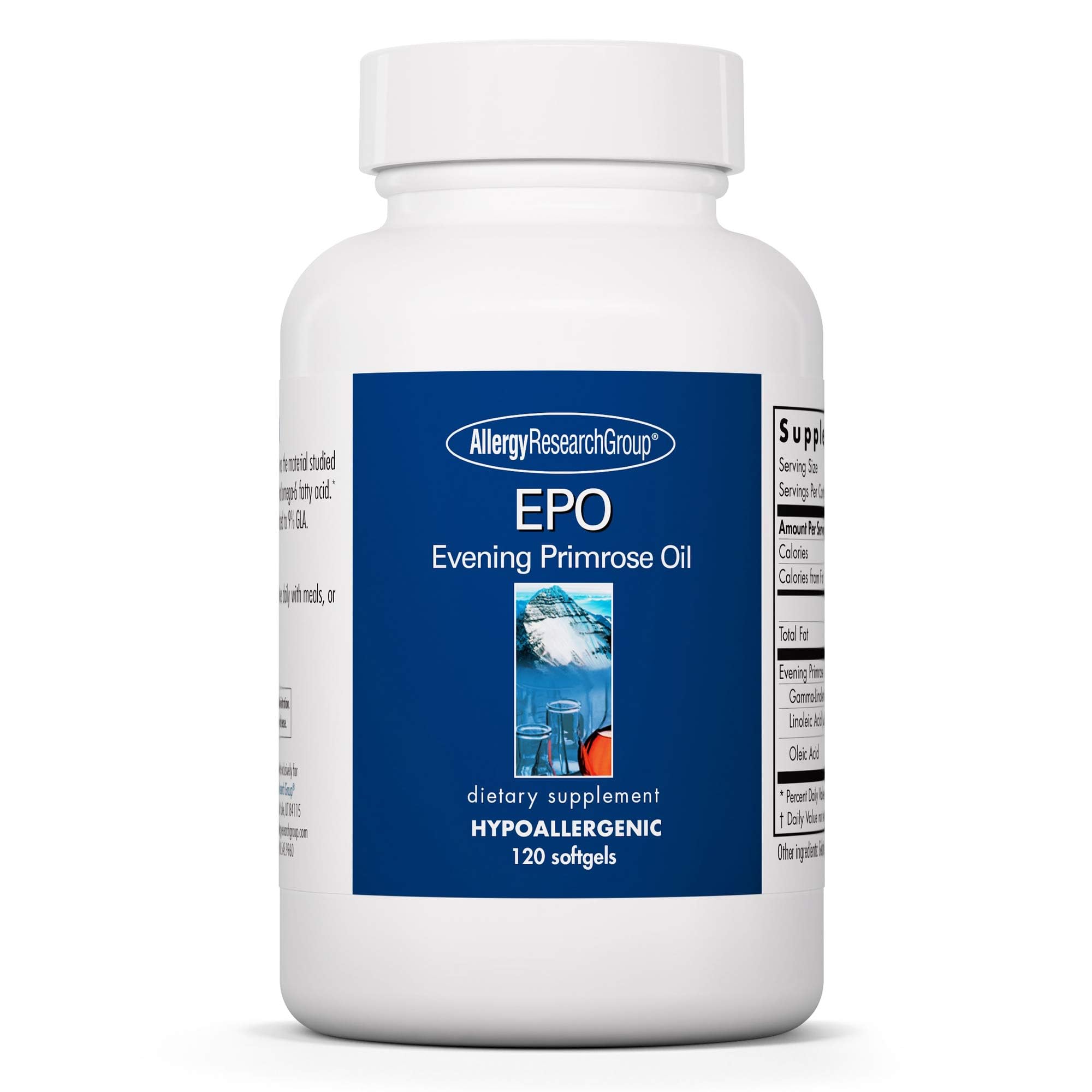 Front view of Allergy Research Group EPO Evening Primrose Oil 500mg softgels bottle, 120-count