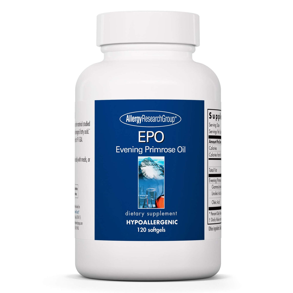 Front view of Allergy Research Group EPO Evening Primrose Oil 500mg softgels bottle, 120-count