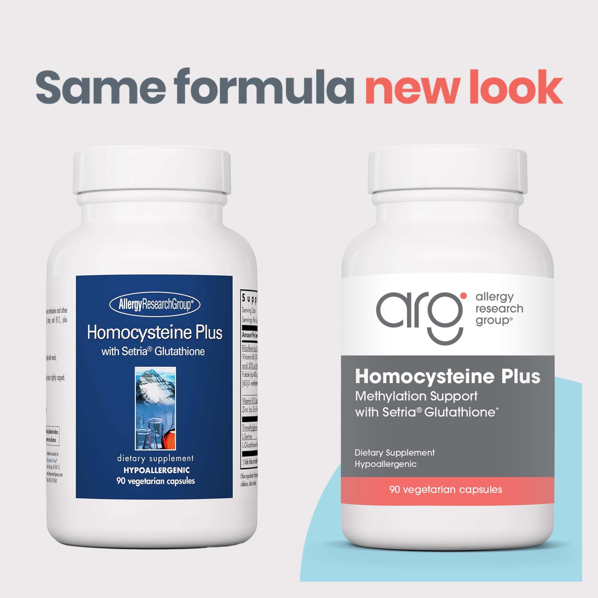 Close-up of Homocysteine Plus label showing Setria Glutathione and B vitamins