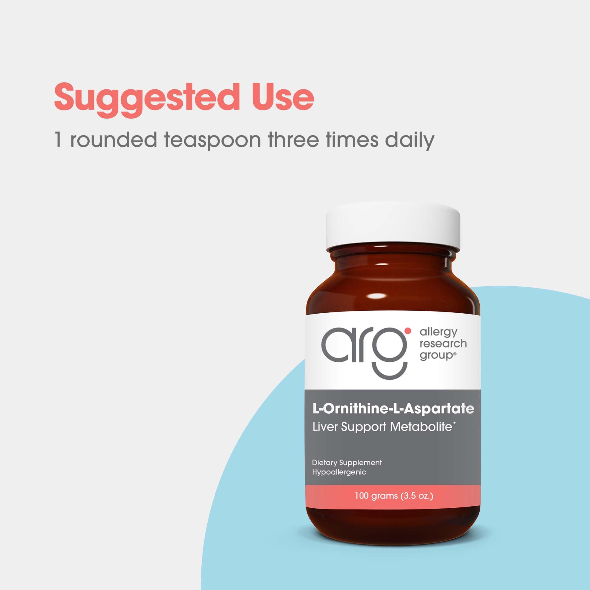 Allergy Research Group L-Ornithine-L-Aspartate Powder label emphasizes quality and hypoallergenic ingredients