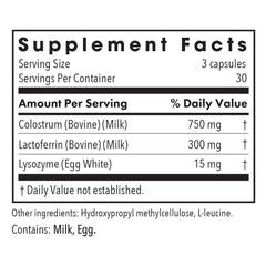 Capsules in bottle with label details for Lactoferrin with Colostrum