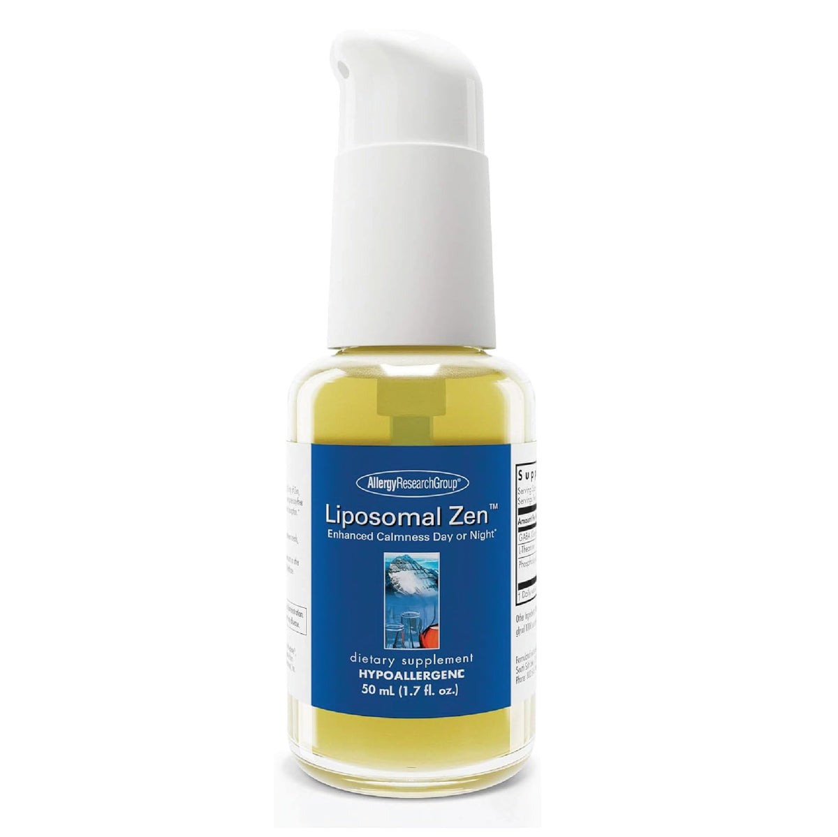 Bottle of Liposomal Zen with dropper on white background