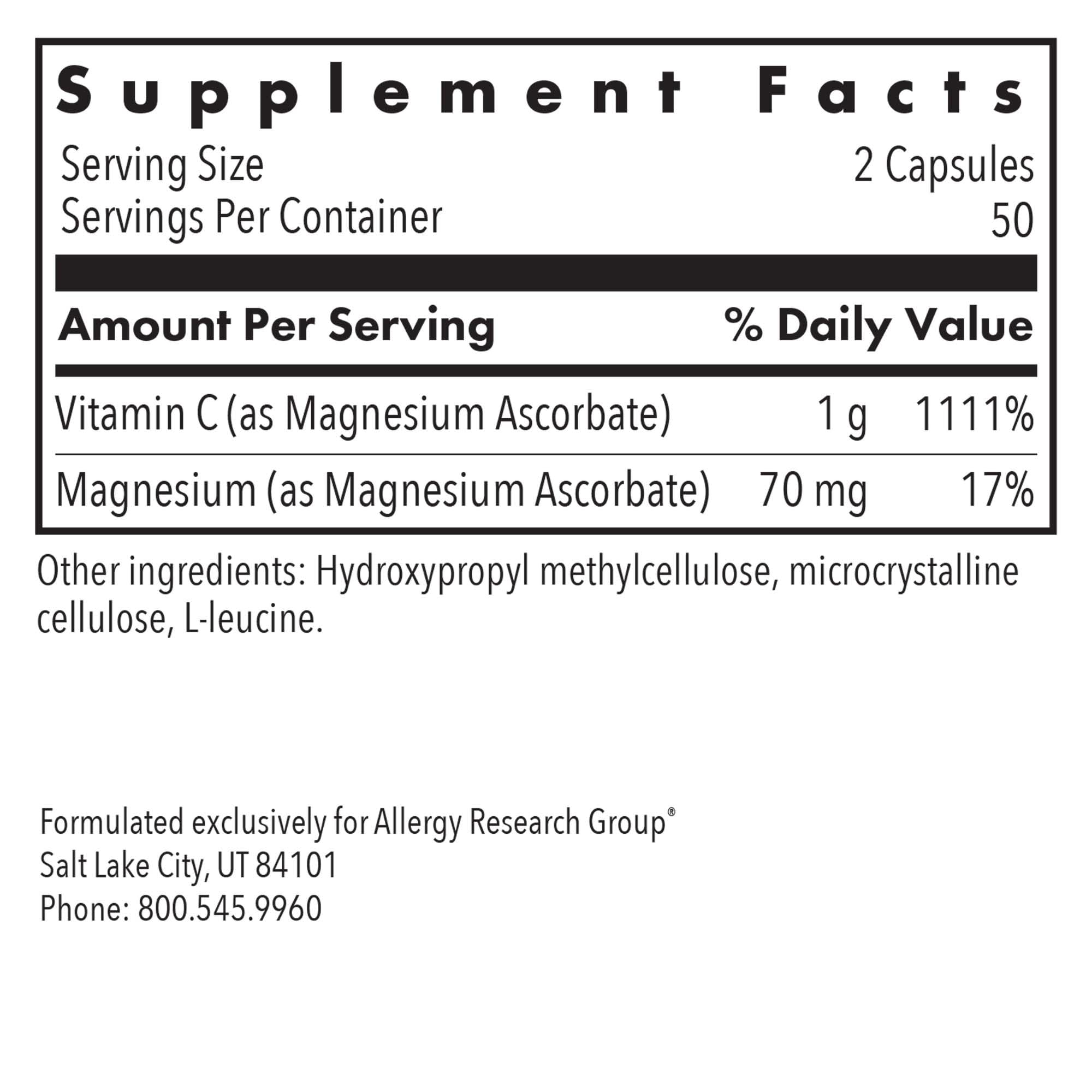 Supplement facts label for Magnesium Ascorbate