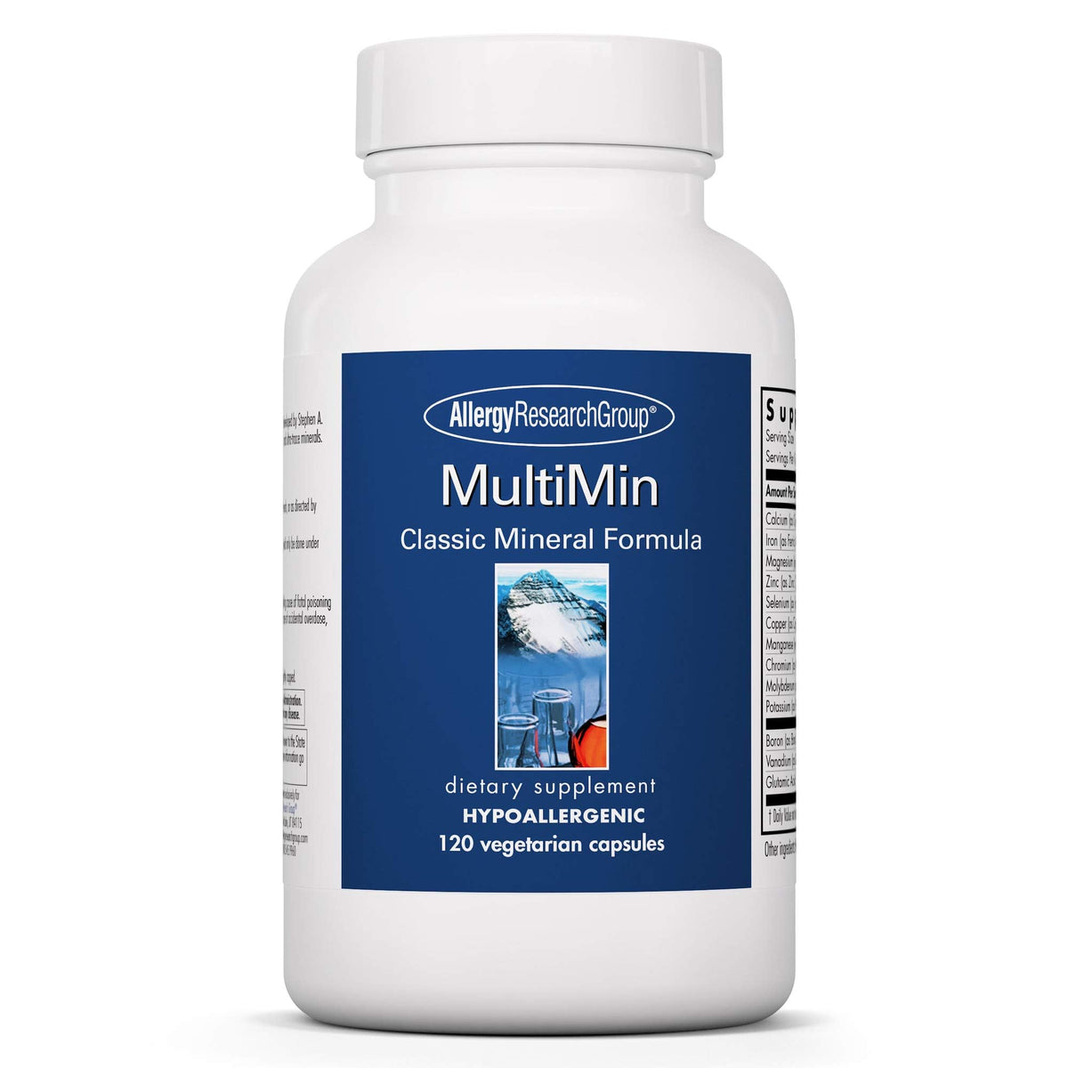 Allergy Research Group MultiMin bottle showing 120 capsules